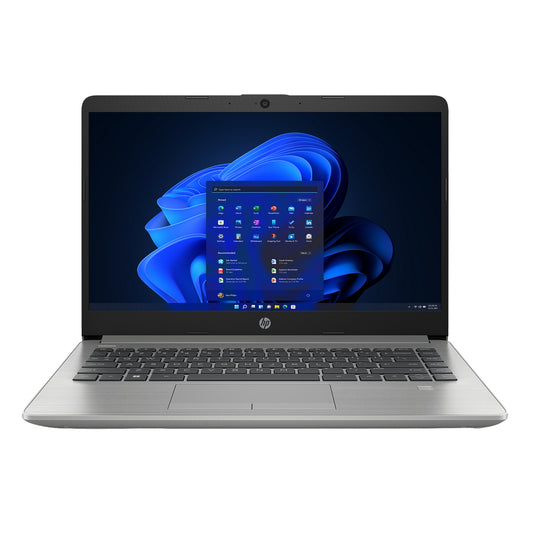 HP Laptop front view with 14-inch display, slim lightweight design, and full-size keyboard for business and everyday use.