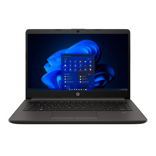 Black HP Laptop front view with 14 inch display, slim design and fast memory
