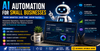 AI automation for small businesses illustration featuring AI chatbot, workflow automation, smart analytics dashboard, and business productivity tools.