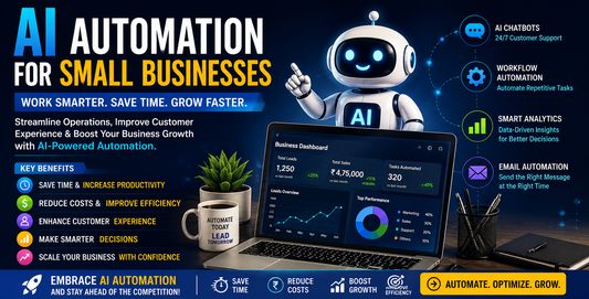 AI automation for small businesses illustration featuring AI chatbot, workflow automation, smart analytics dashboard, and business productivity tools.