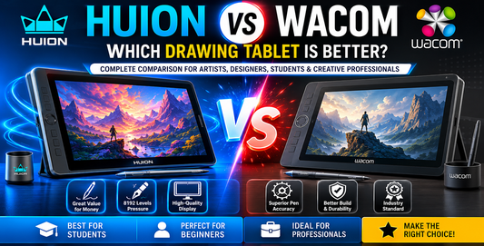 Huion vs Wacom comparison guide featuring drawing tablets, pen technology, display quality, pressure sensitivity, and value for digital artists in 2026.