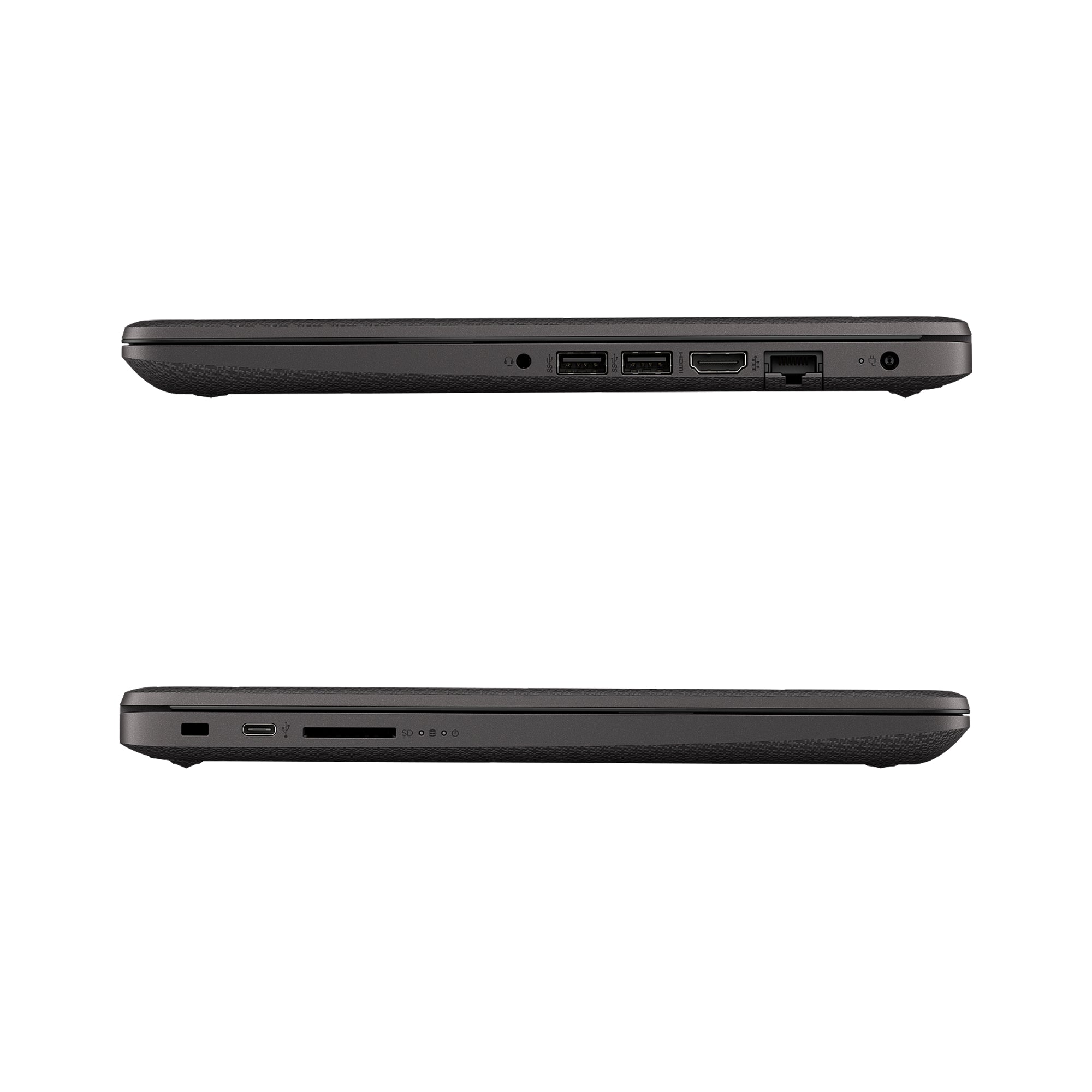 Side view of HP laptop showing USB ports, HDMI, Ethernet, headphone jack, and charging port for versatile connectivity.