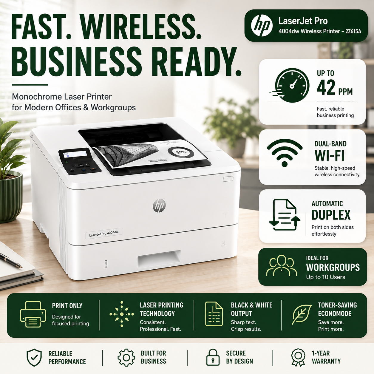 HP LaserJet Pro 4004dw Wireless Printer – 2Z615A