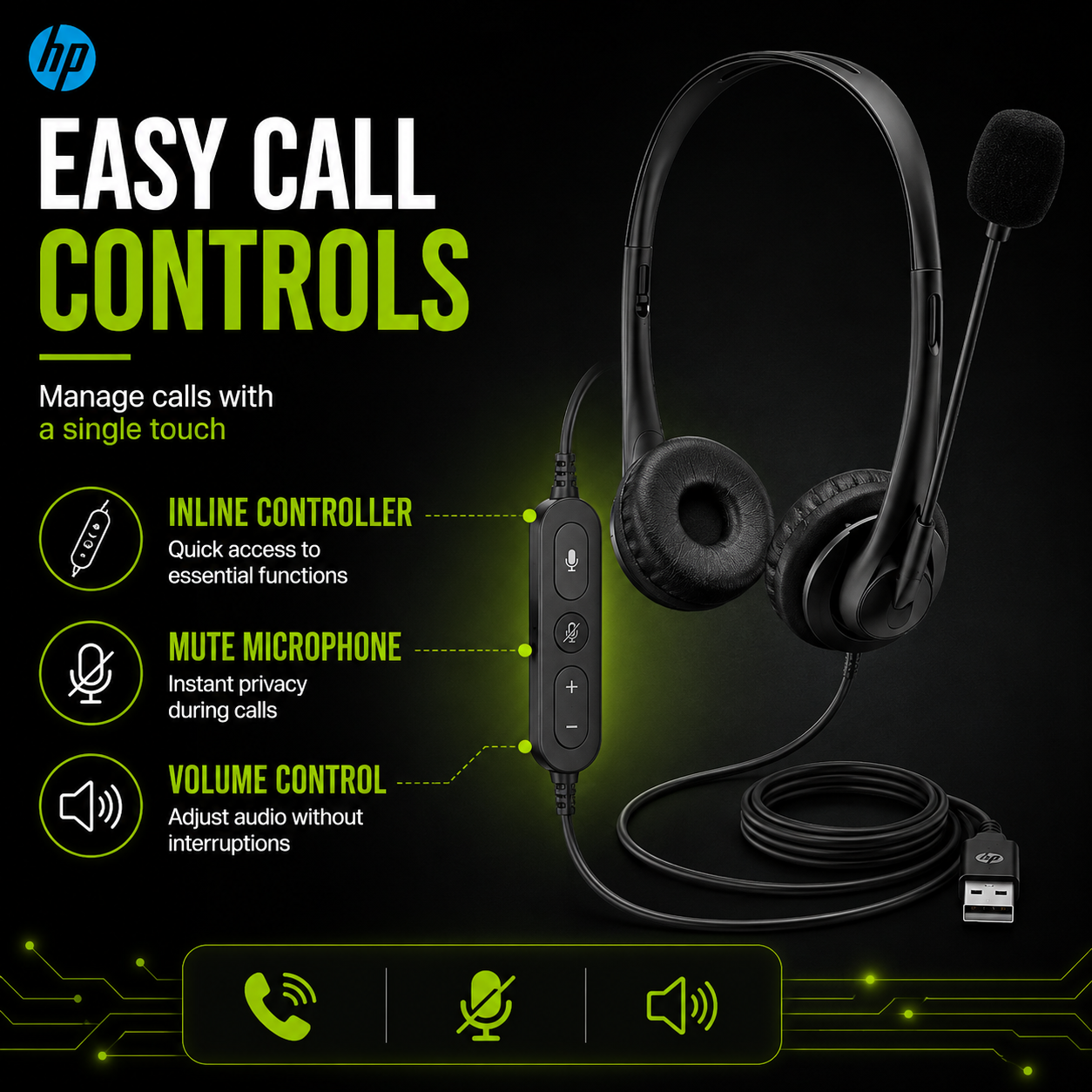 HP Stereo Wired Headphones On-Ear with Mic USB G2 – 428H5AA