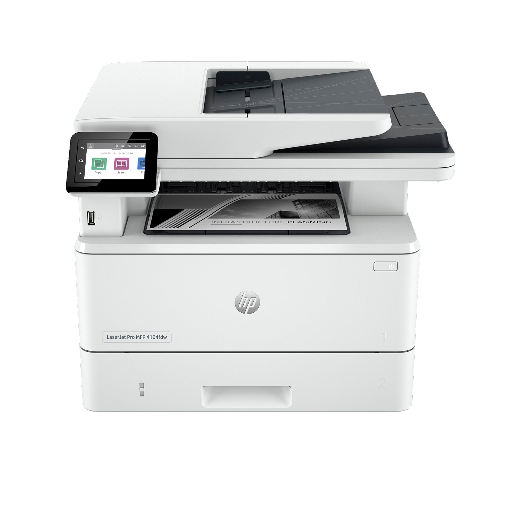 HP white printer with fast printing speeds, high-volume scanning, and easy management tools