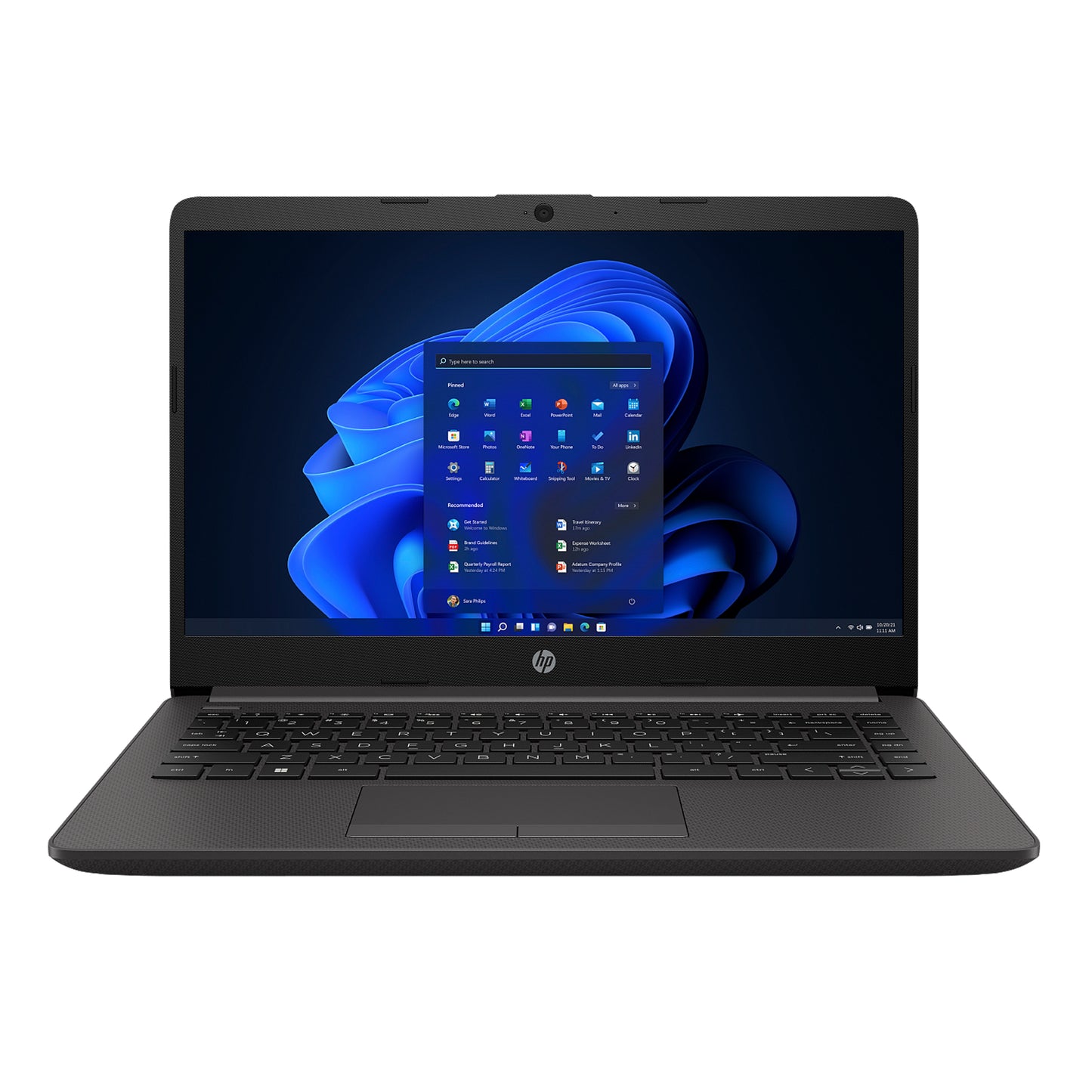 Black HP Laptop with Windows Operating system, 14 inch display, full-size keyboard and slim design.