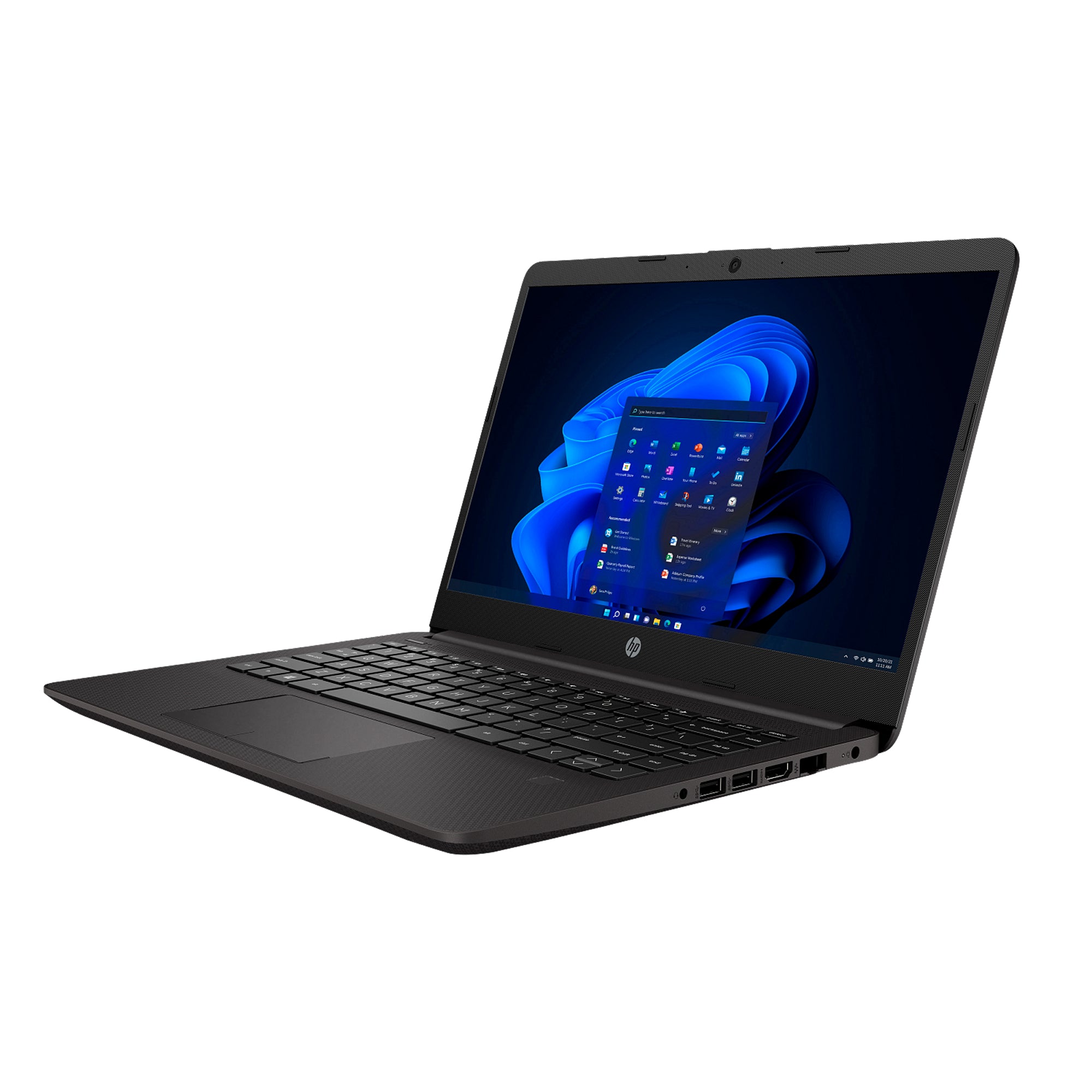 Black HP Laptop front view with 14 inch display, slim design and fast memory