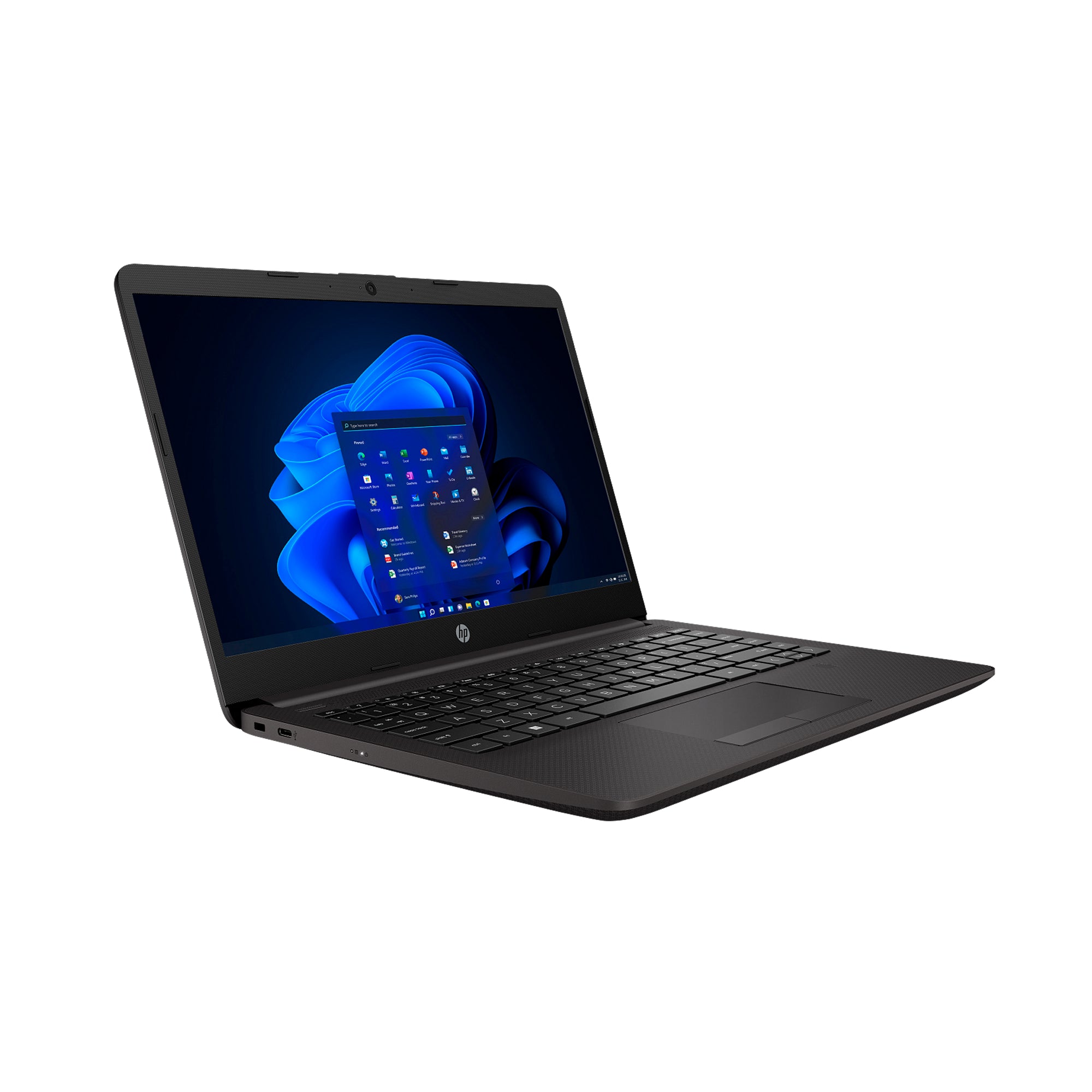 Black HP Laptop front view with 14 inch display, slim design and fast memory