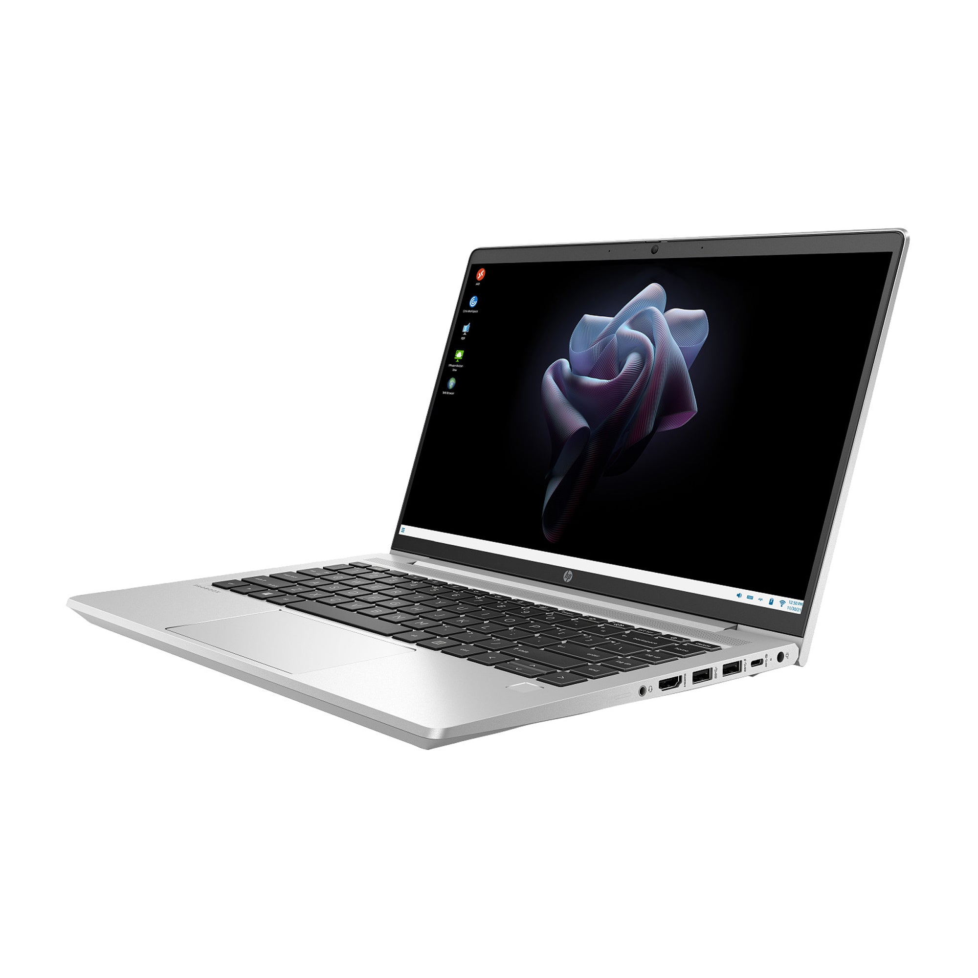 Silver lightweight laptop with a black screen displaying a flower graphic, secure thin client technology, Intel processor, and enterprise-grade performance