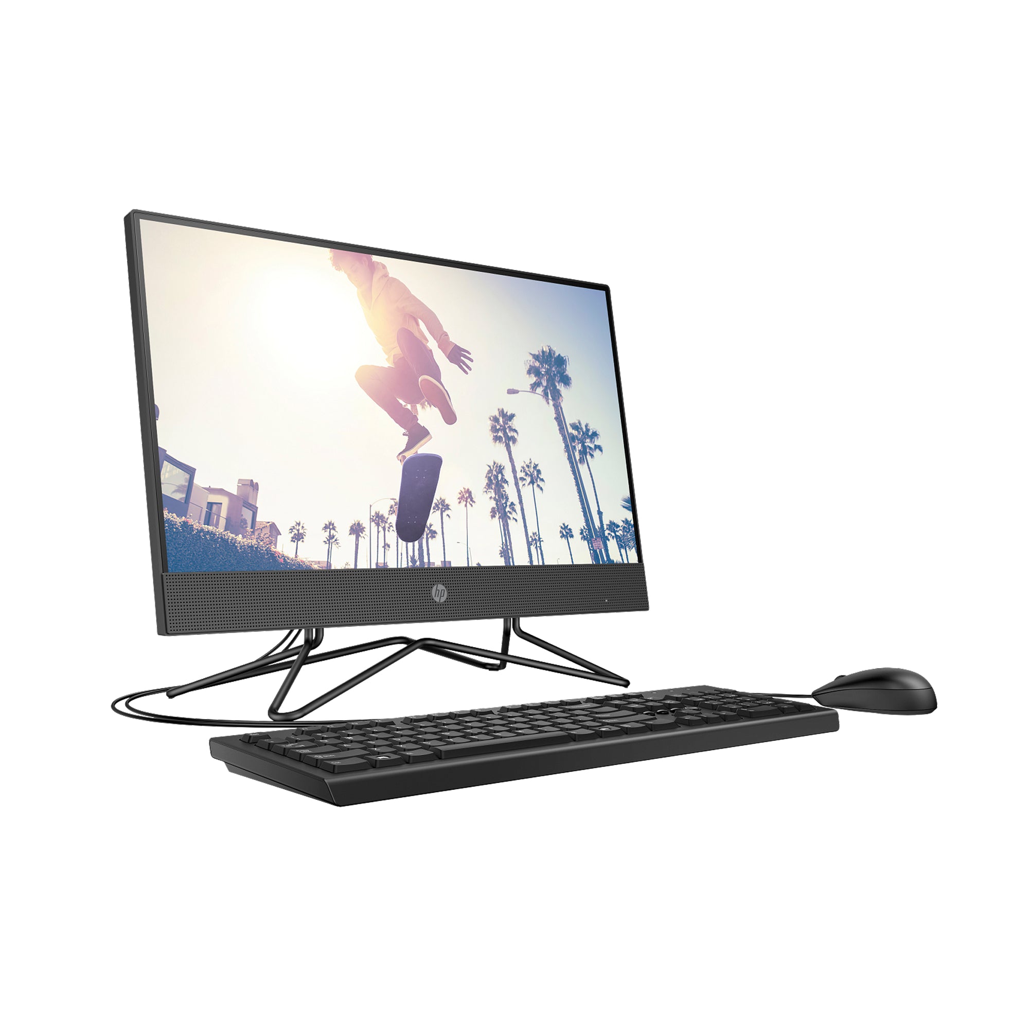 HP 200 Pro G4 All-in-One PC with 21.5-inch display, keyboard, and mouse – compact, space-saving desktop for home or office use.