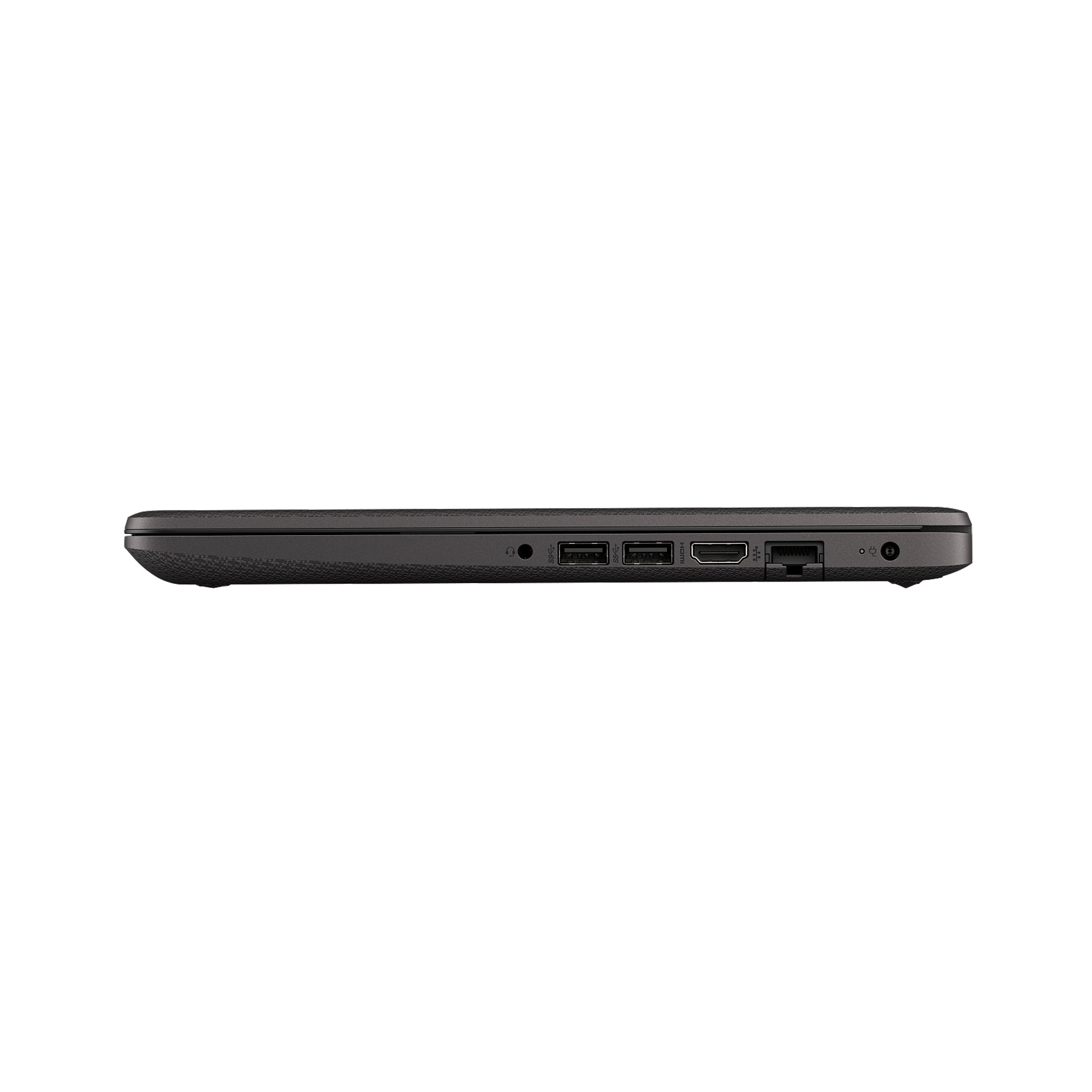 Black HP Laptop with sleek slim design, showing USB ports, HDMI, Ethernet, headphone jack, and charging port for versatile connectivity.