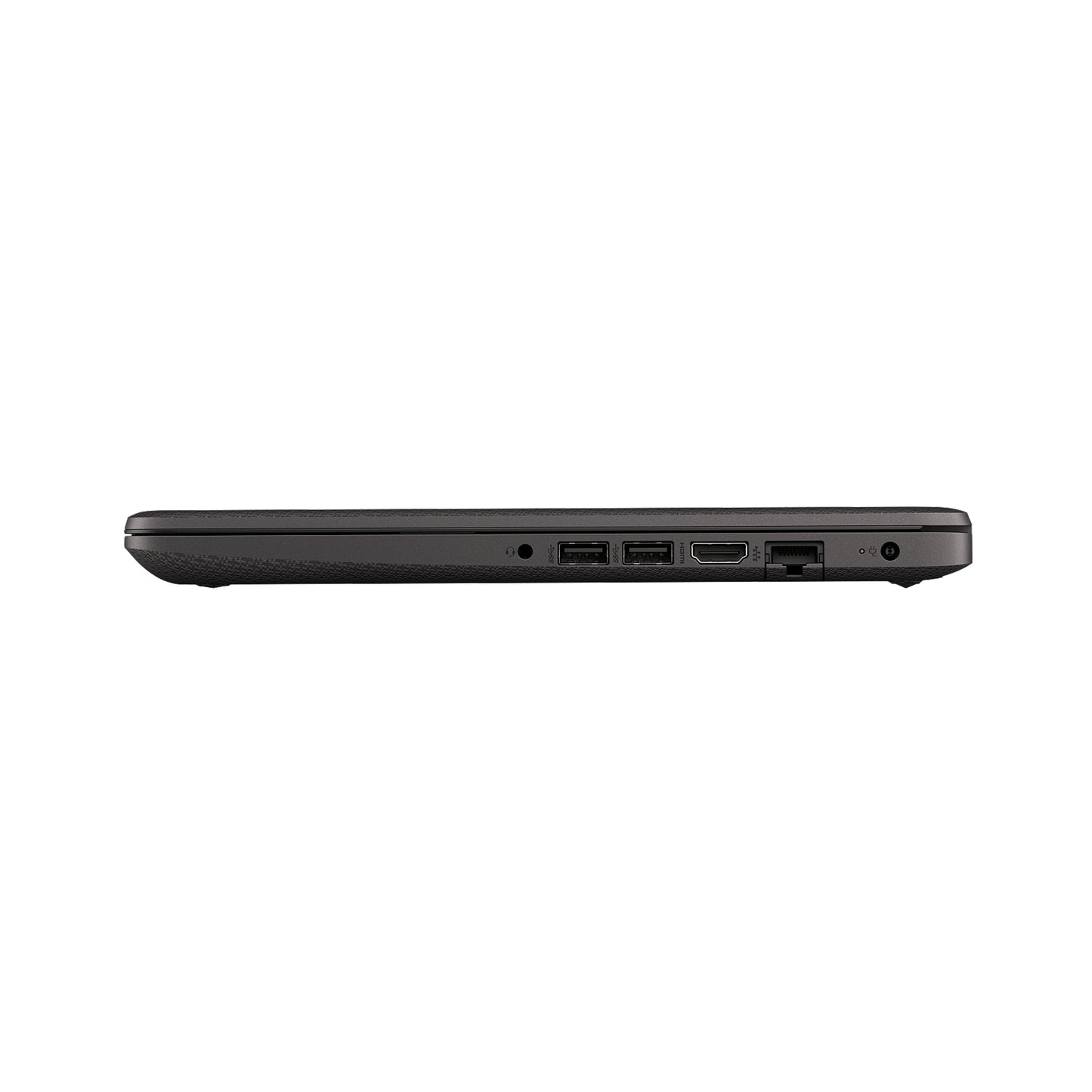 Black HP Laptop with sleek slim design, showing USB ports, HDMI, Ethernet, headphone jack, and charging port for versatile connectivity.