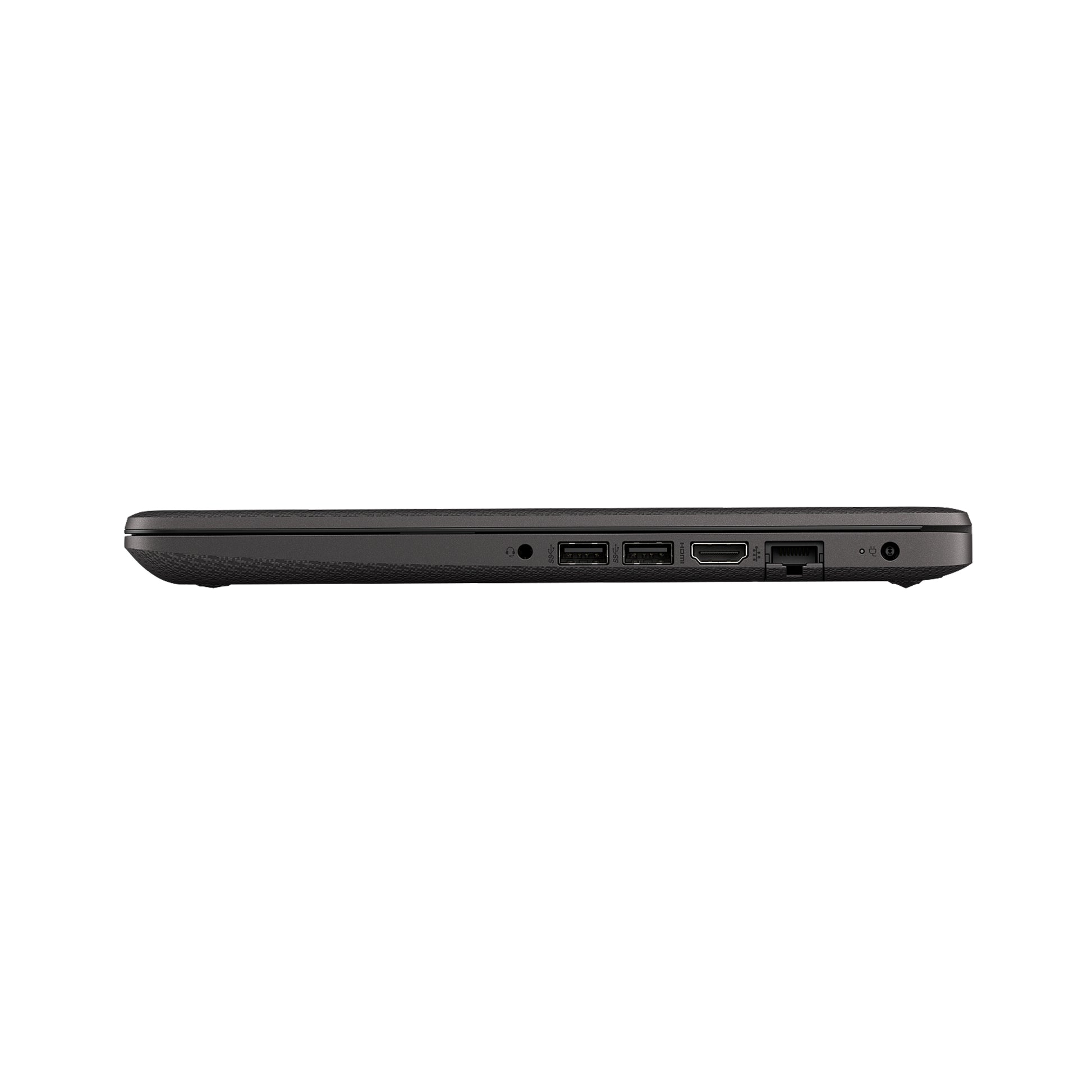 Black HP Laptop with sleek slim design, showing USB ports, HDMI, Ethernet, headphone jack, and charging port for versatile connectivity.