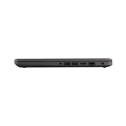 Black HP Laptop with sleek slim design, showing USB ports, HDMI, Ethernet, headphone jack, and charging port for versatile connectivity.