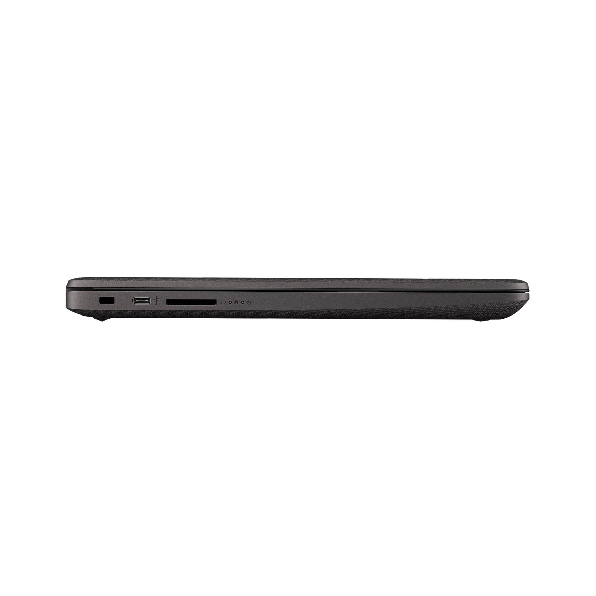 Black HP Laptop with sleek slim design, showing USB ports, HDMI, Ethernet, headphone jack, and charging port for versatile connectivity.