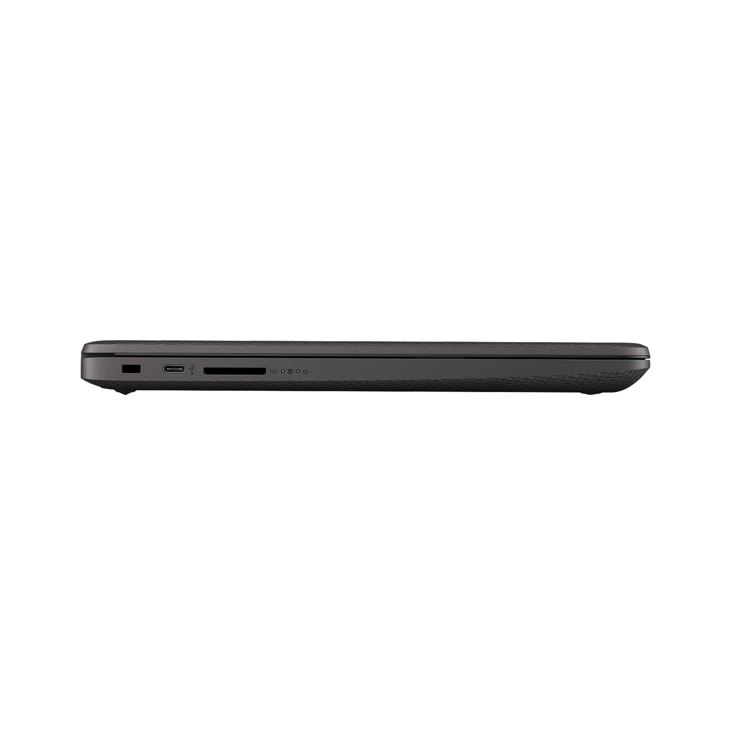 Black HP Laptop with sleek slim design, showing USB ports, HDMI, Ethernet, headphone jack, and charging port for versatile connectivity.