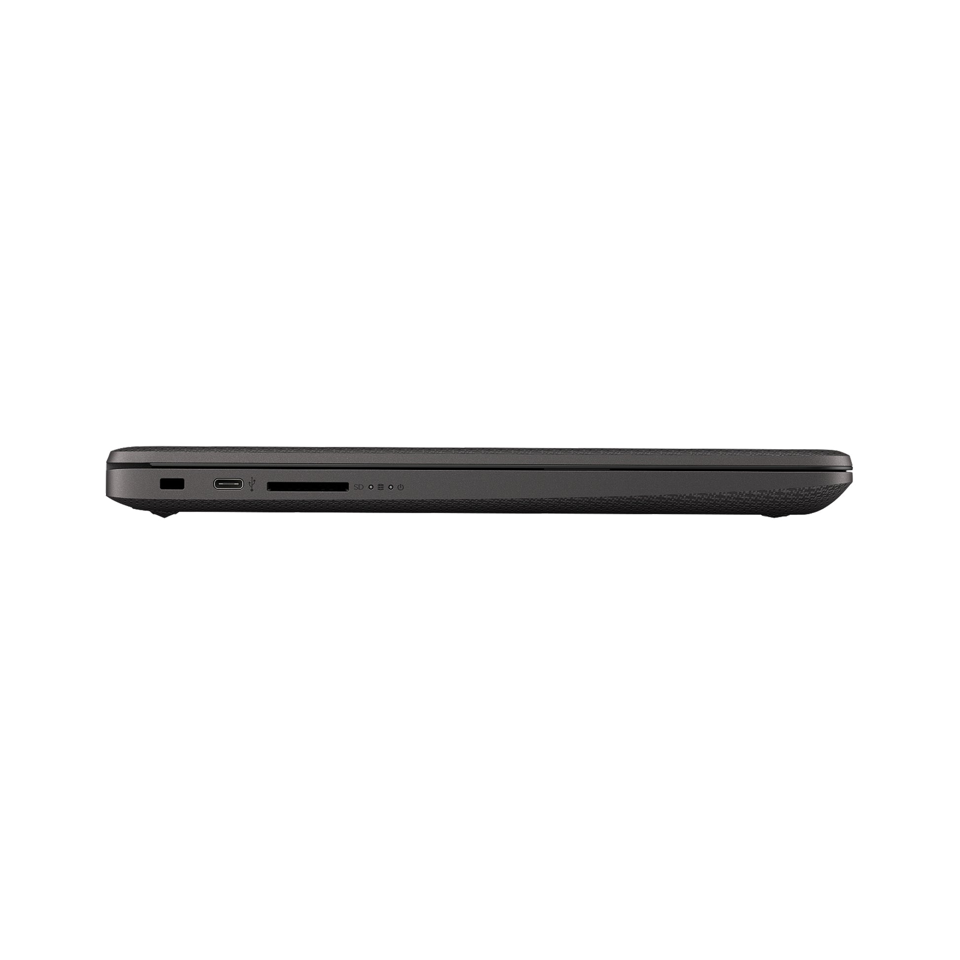 Black HP Laptop with sleek slim design, showing USB ports, HDMI, Ethernet, headphone jack, and charging port for versatile connectivity.