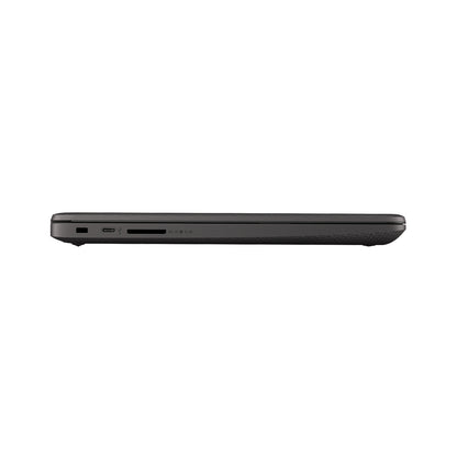 Black HP Laptop with sleek slim design, showing USB ports, HDMI, Ethernet, headphone jack, and charging port for versatile connectivity.