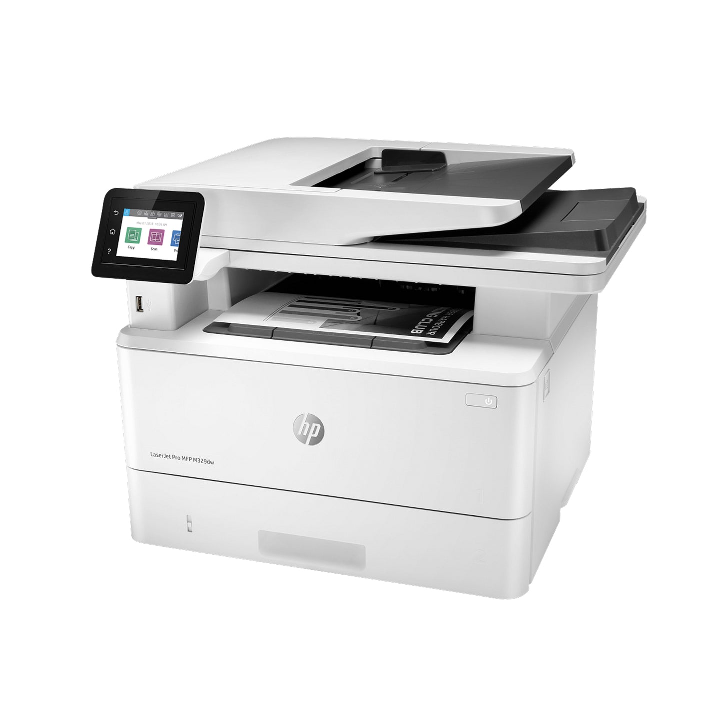 White HP printer with touchscreen display 