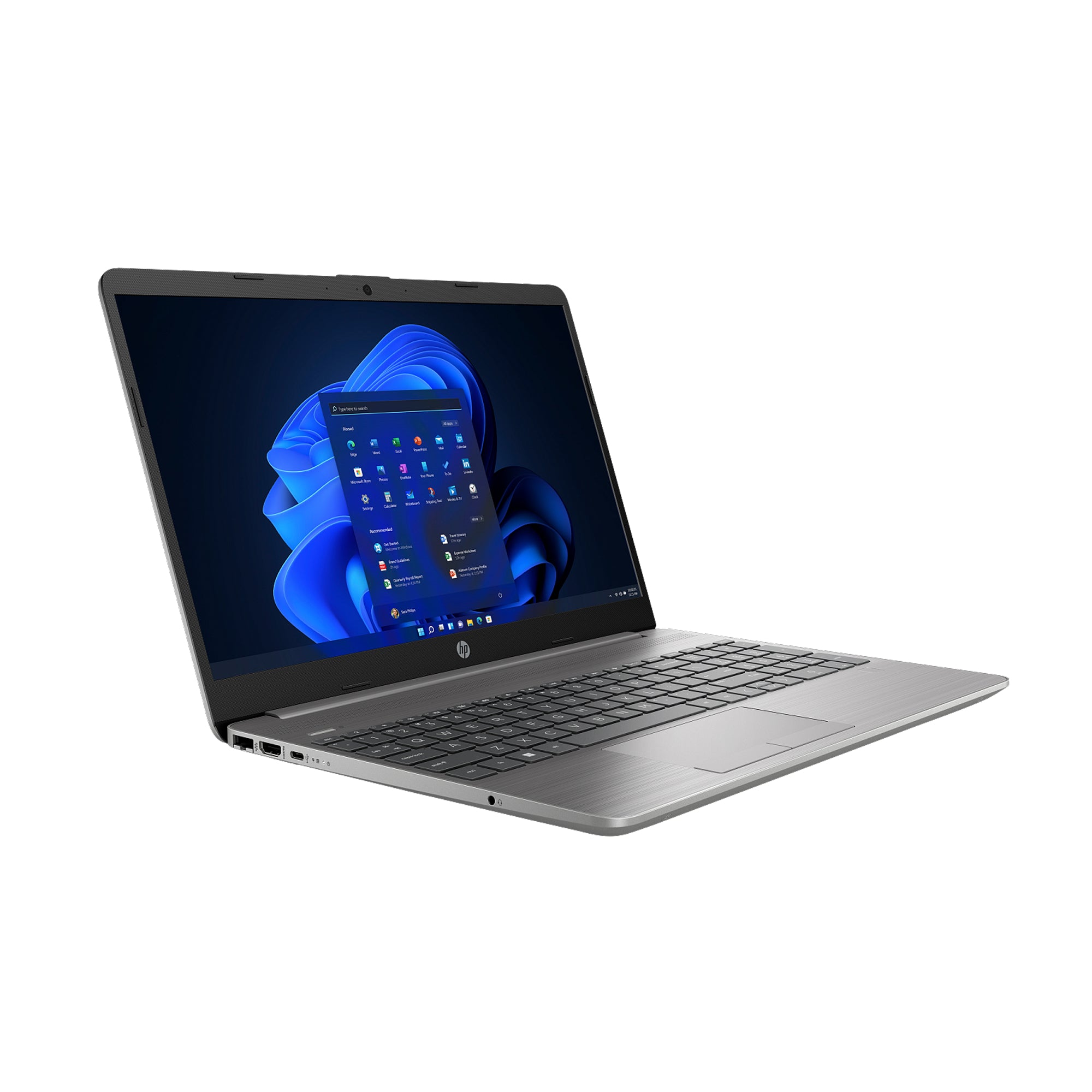 SIlver HP 250 G9 Notebook PC 15.6-inch (9S7M7AT) lightweight business laptop for students, professionals, and home office use. 