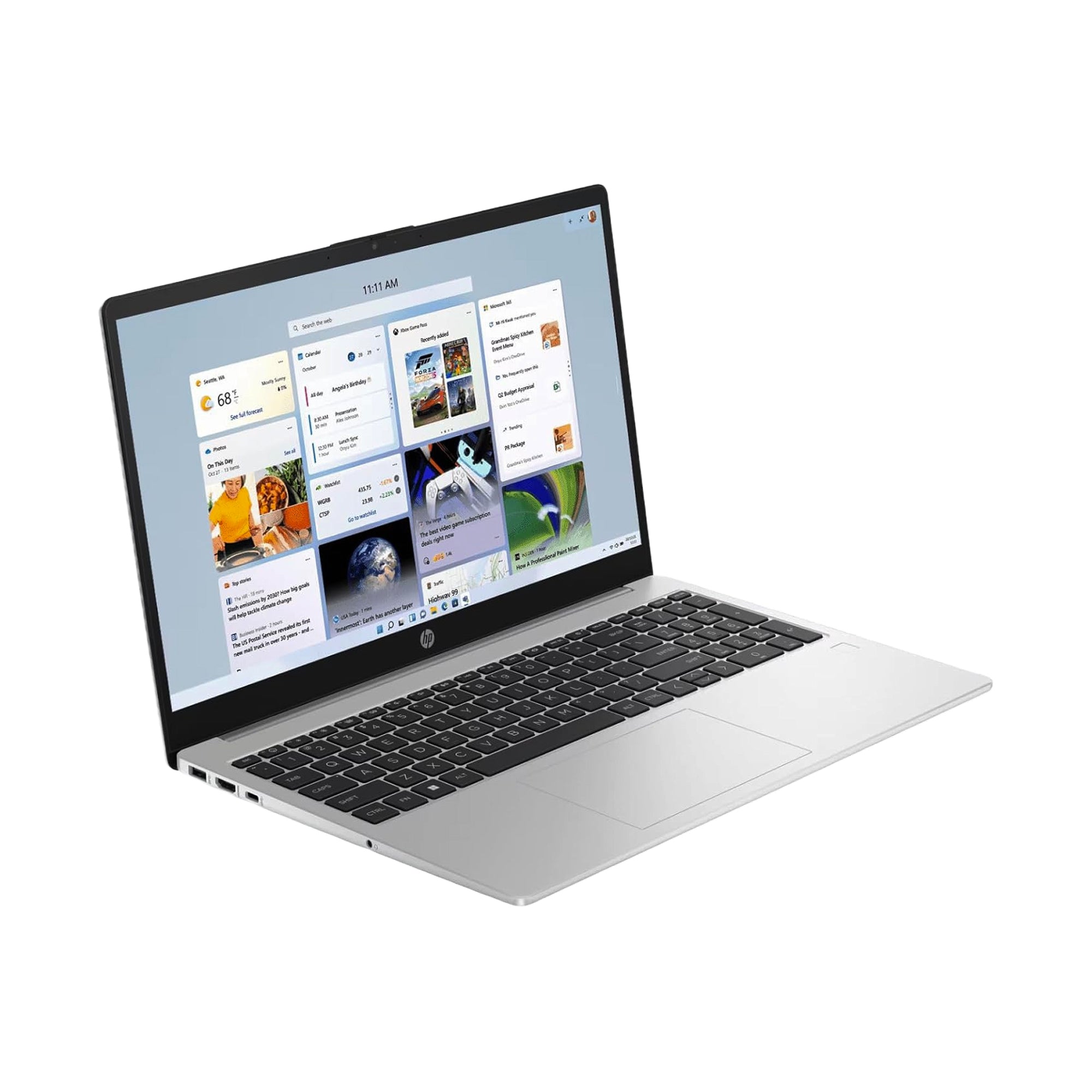 Silver HP Laptop with 15.6-inch display, slim lightweight design suitable for business and everyday productivity.