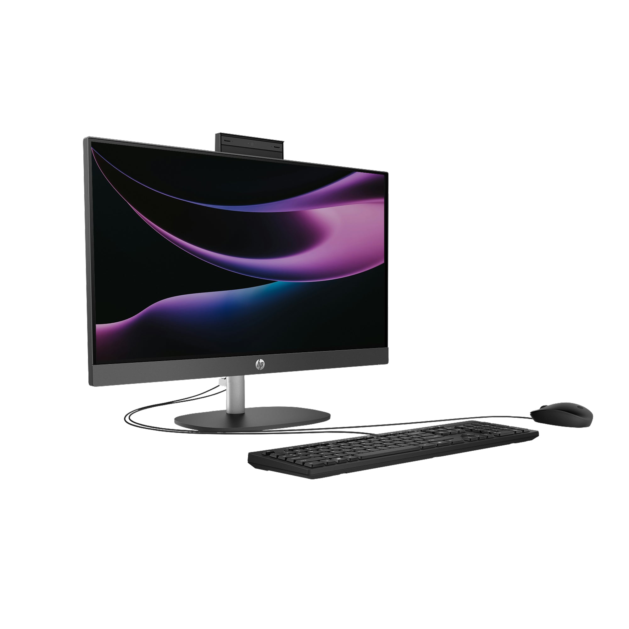 HP All-in-one Desktop PC with keyboard and mouse and 23.8-inch FHD display, Intel processor, and modern design for business and home use.