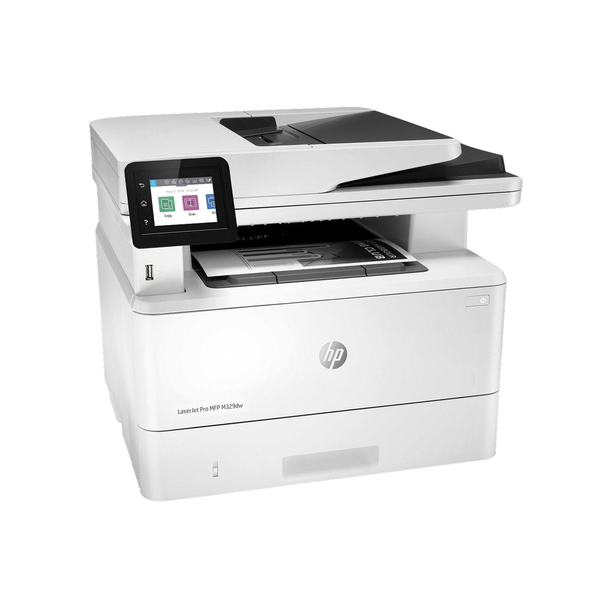 White HP printer with touchscreen display 
