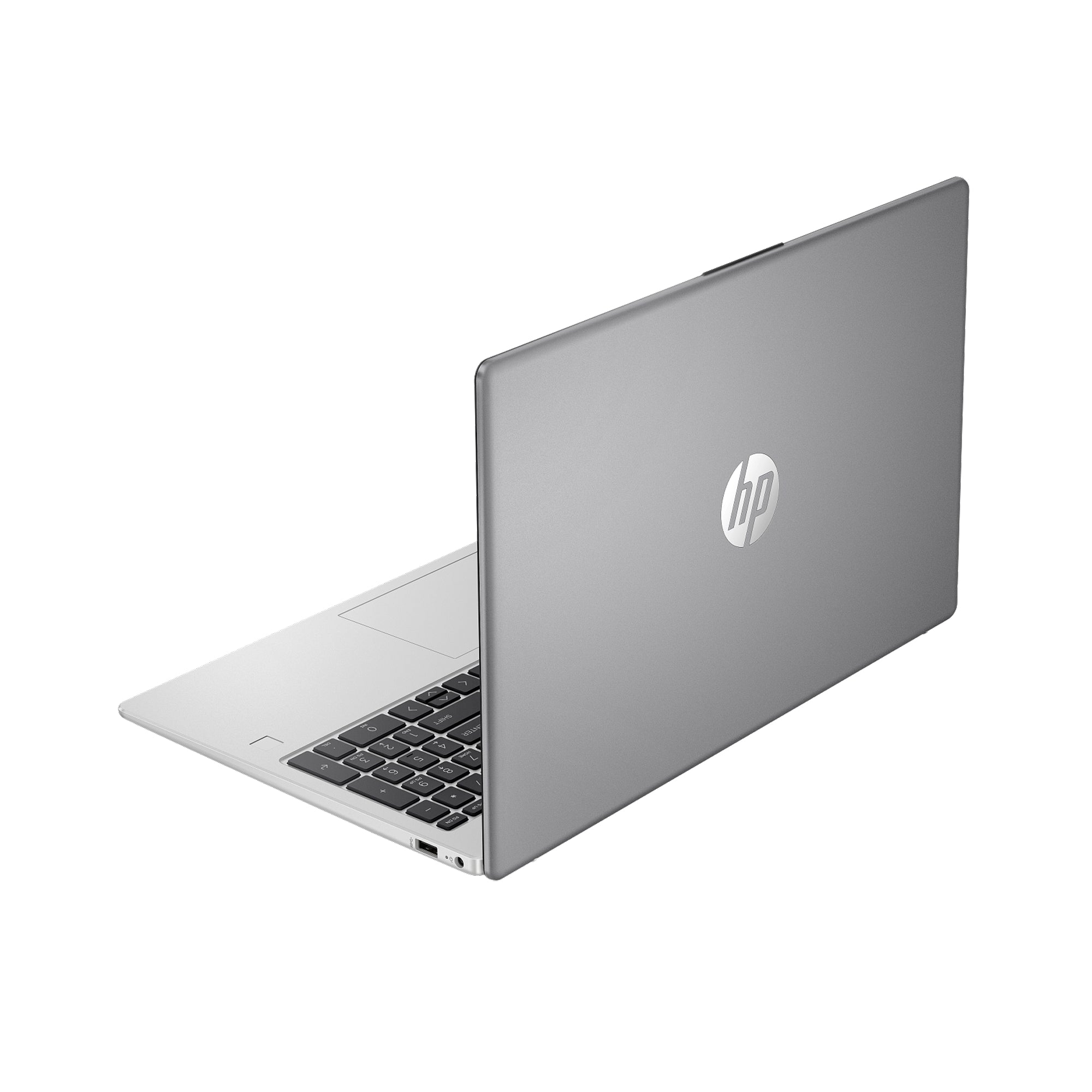 Silver HP Laptop back view showing sleek lid design with HP logo and durable hinge construction.