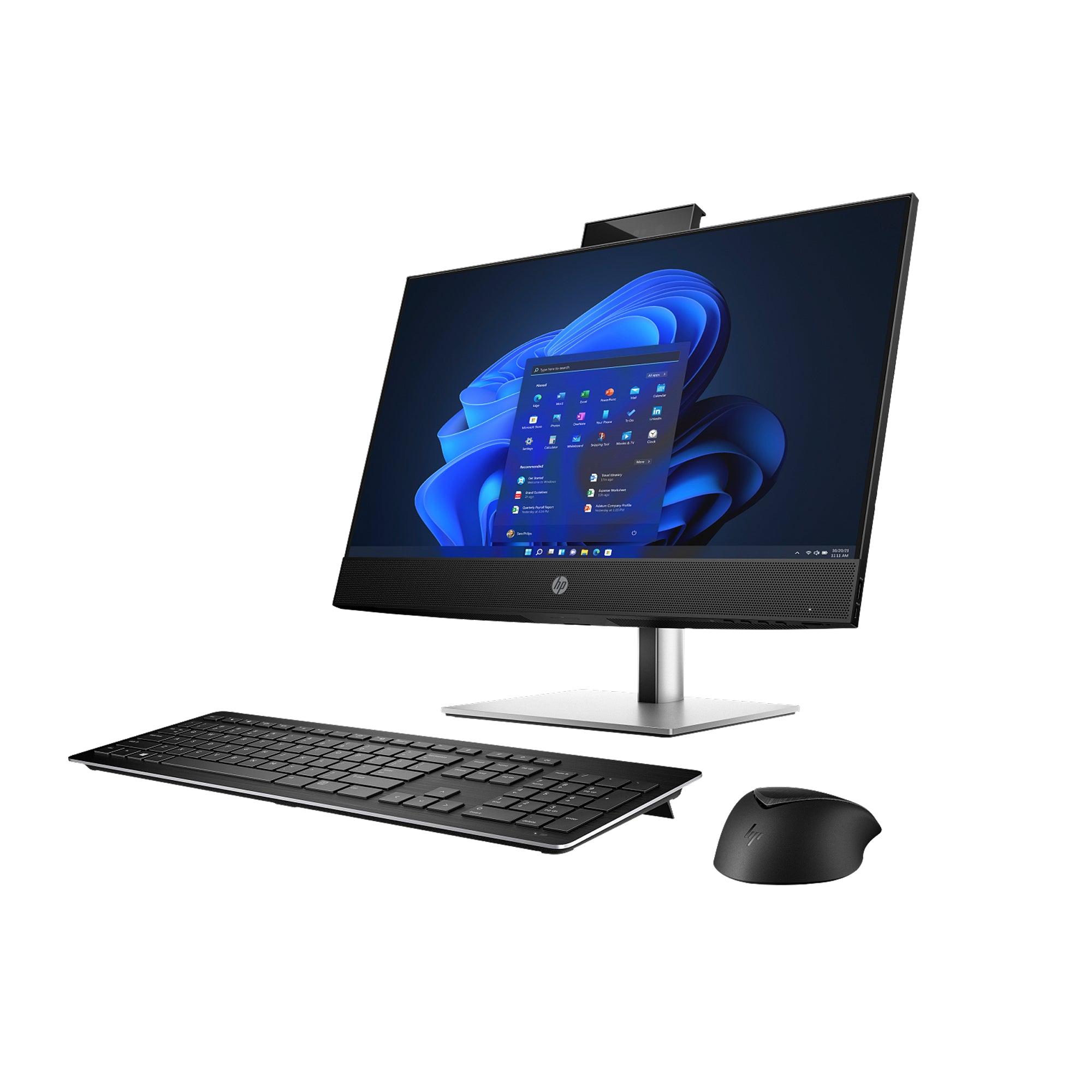 Sleek all in one HP business desktop computer with Intel processor, slim design, and built-in webcam for office productivity.