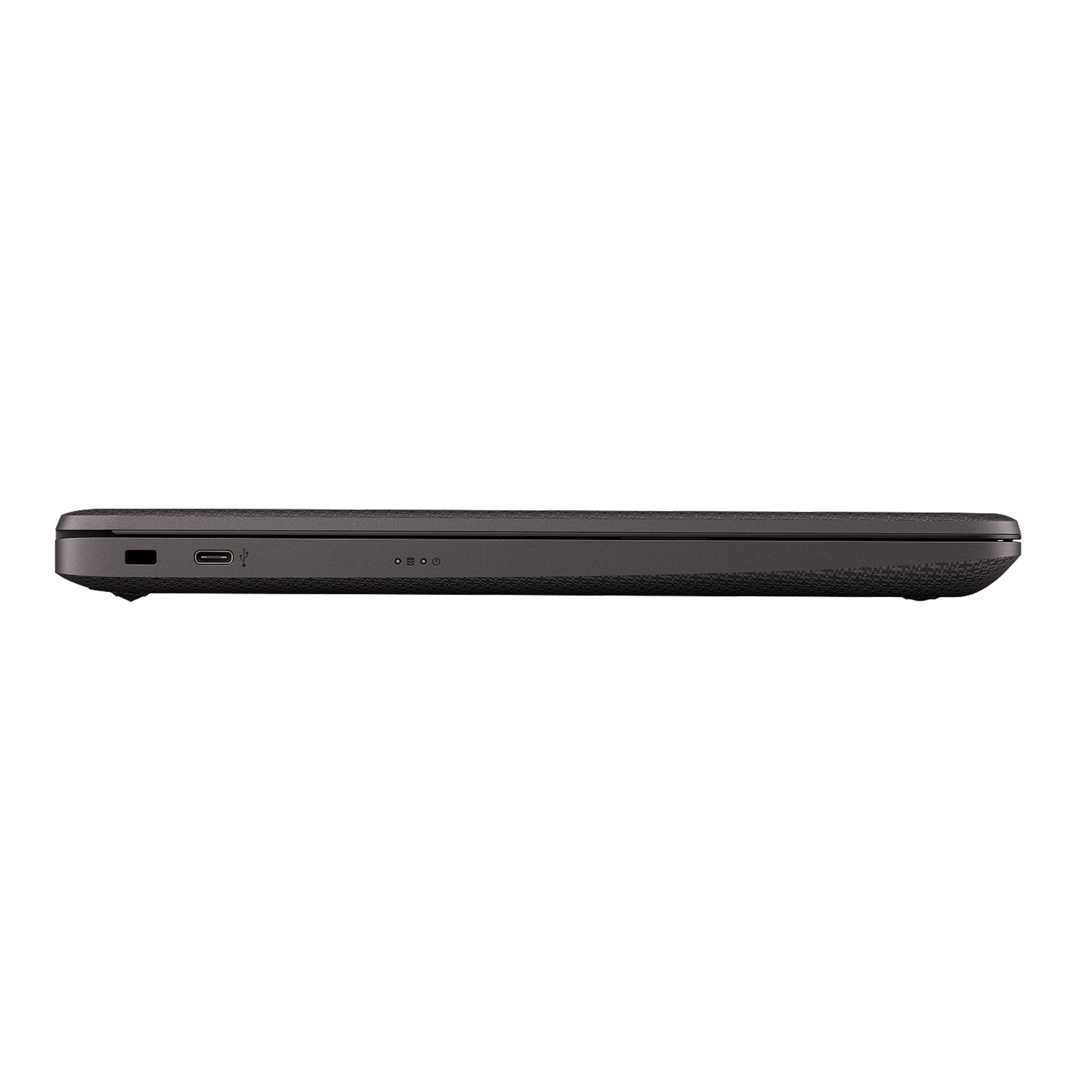Black HP Laptop side view showing USB ports, HDMI, Ethernet, headphone jack, and charging port for reliable connectivity options.