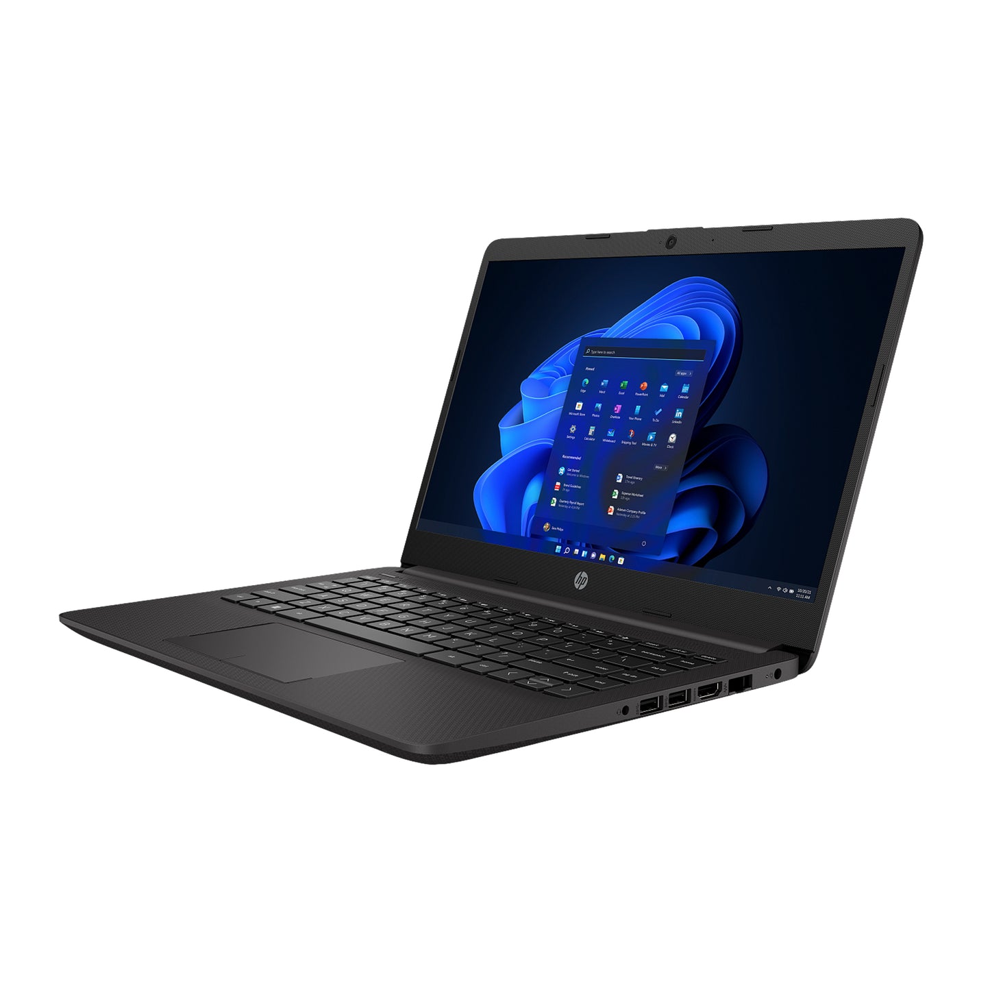 Black HP Laptop with Windows Operating system, 14 inch display, full-size keyboard and slim design.