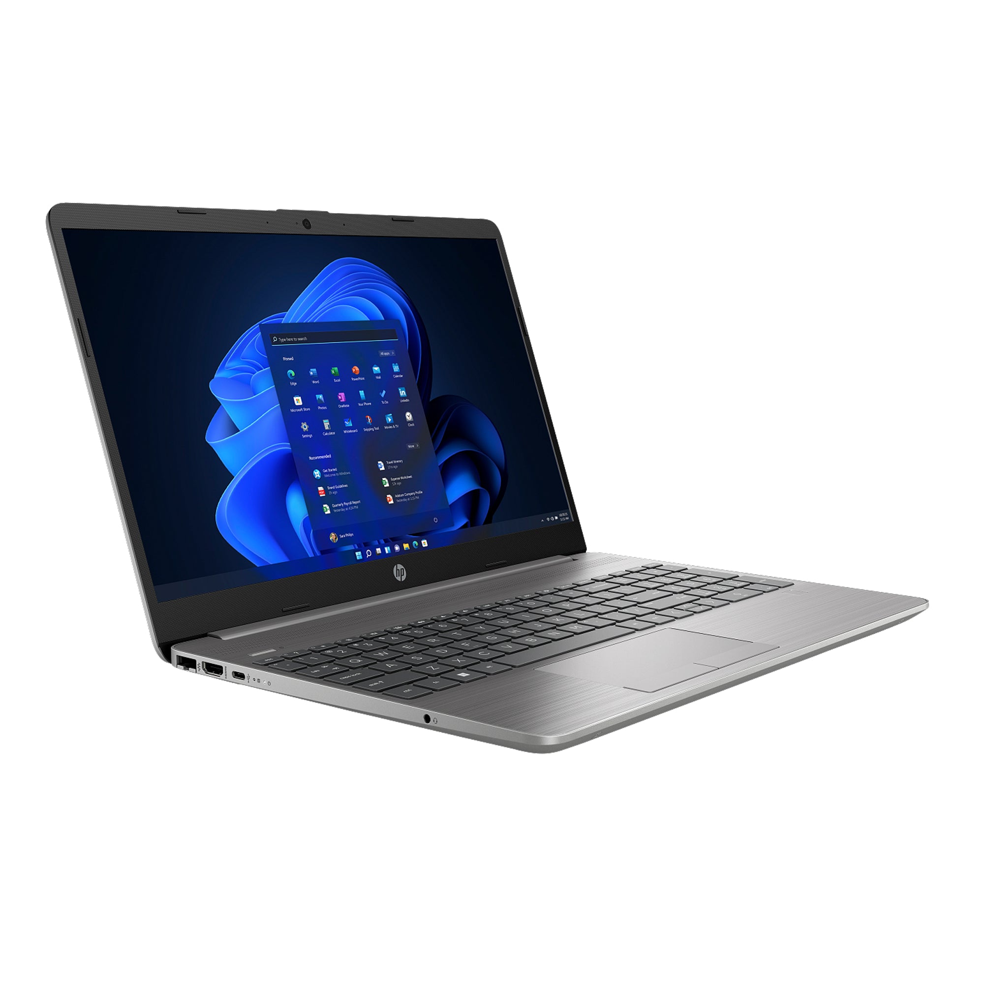 HP laptop front angle with 15.6-inch screen, compact build, and ergonomic keyboard for smooth multitasking.