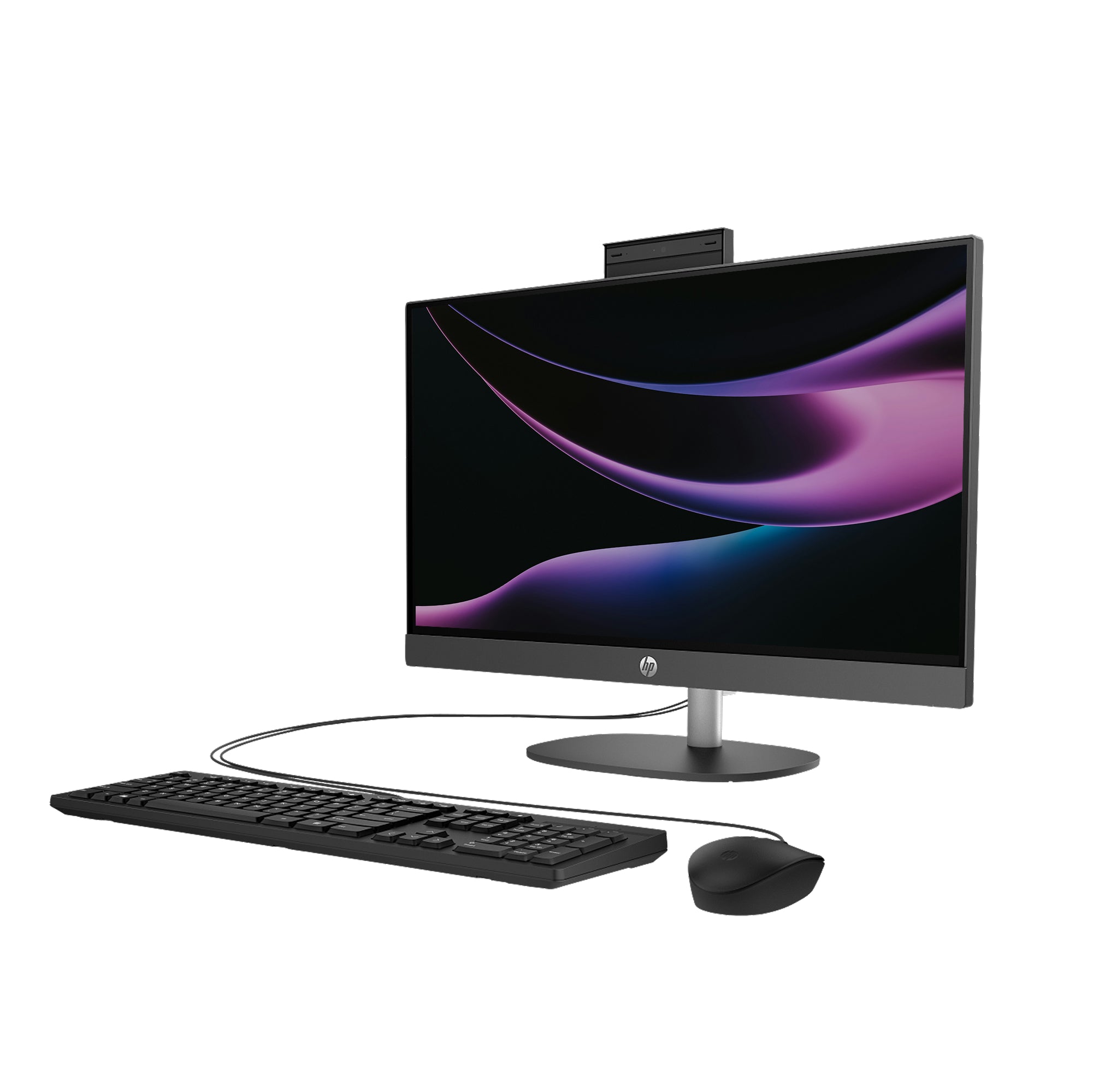 HP All-in-one Desktop PC with keyboard and mouse and 23.8-inch FHD display, Intel processor, and modern design for business and home use.