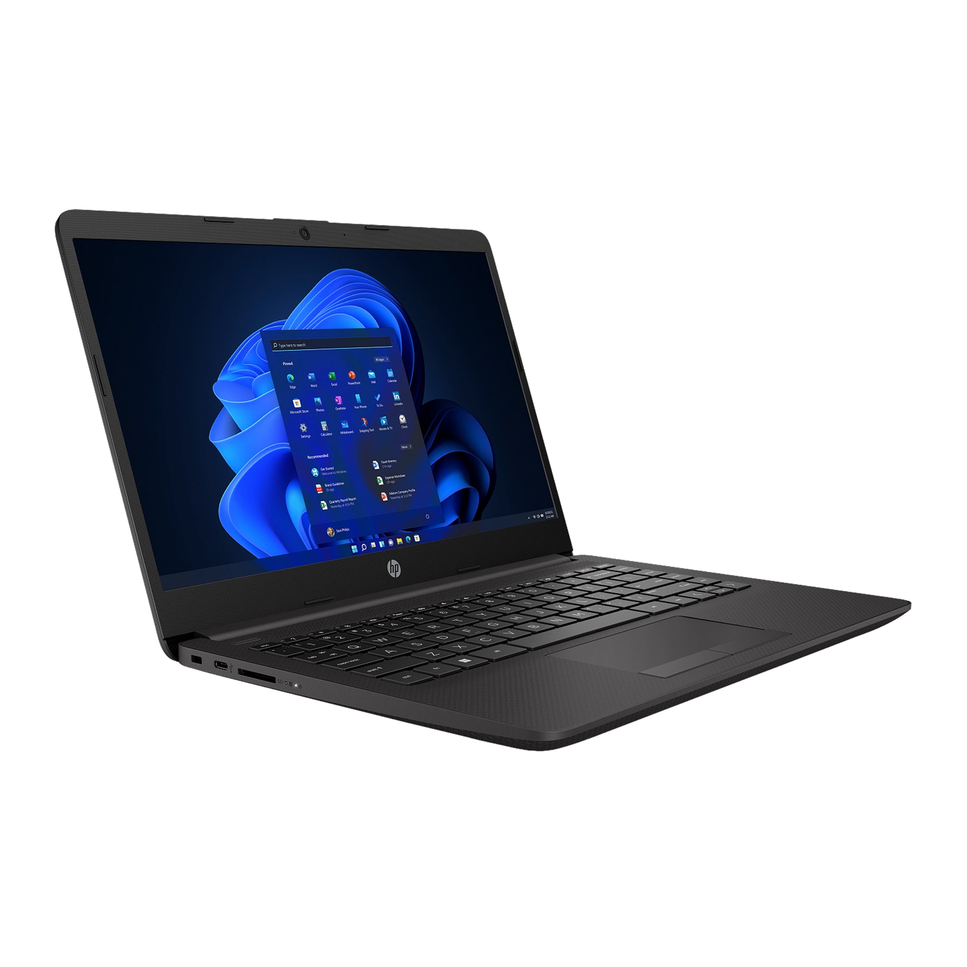 Black HP Laptop with Windows Operating system, 14 inch display, full-size keyboard and slim design.