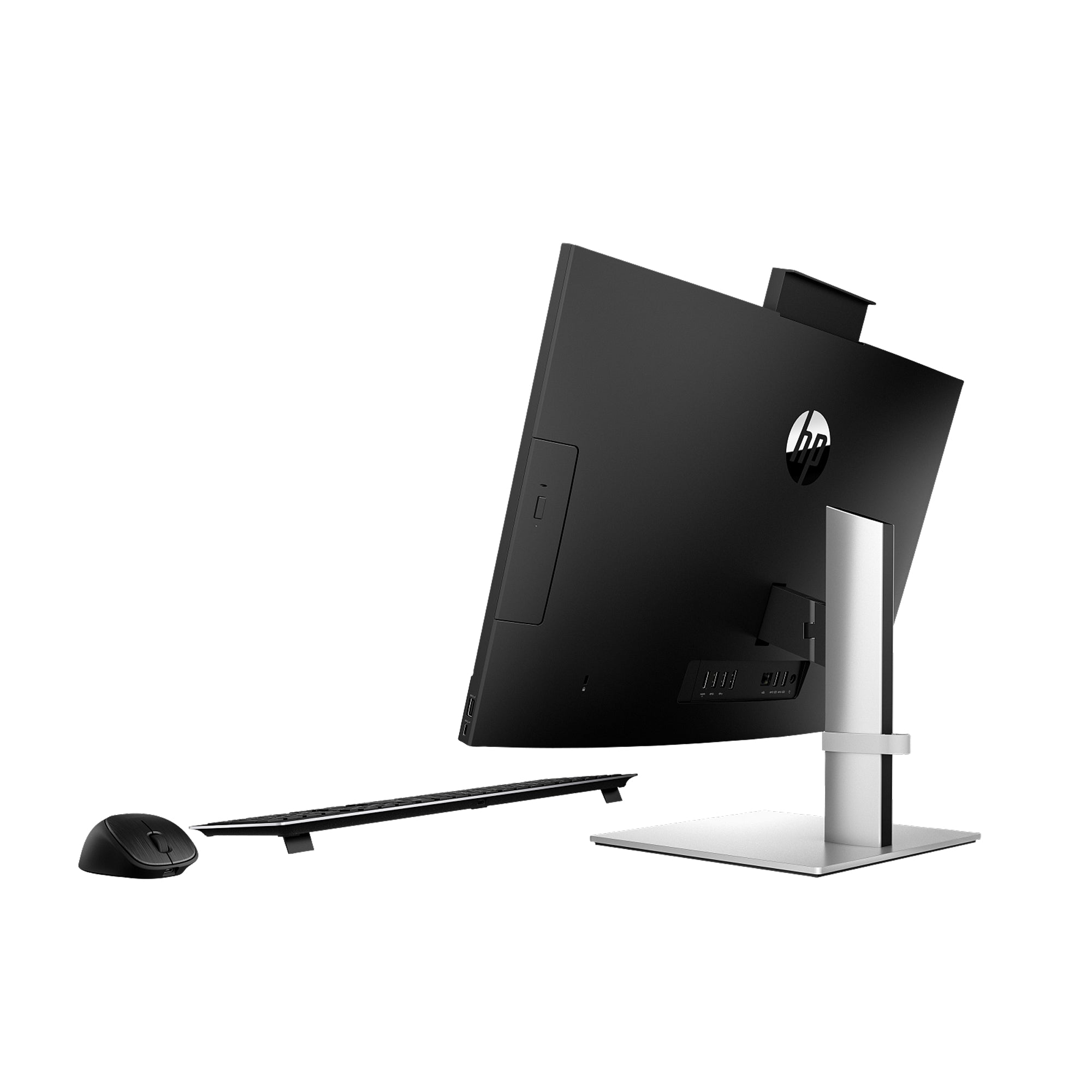 Sleek all in one HP business desktop computer with Intel processor, slim design, and built-in webcam for office productivity.