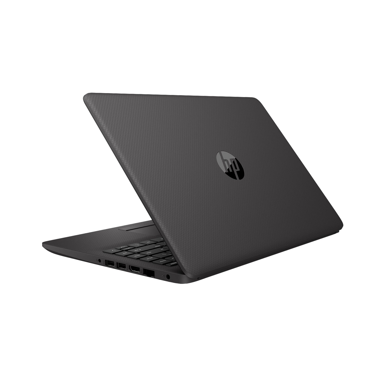 Back side of black HP Laptop with 14 inch display, full-size keyboard and slim design.