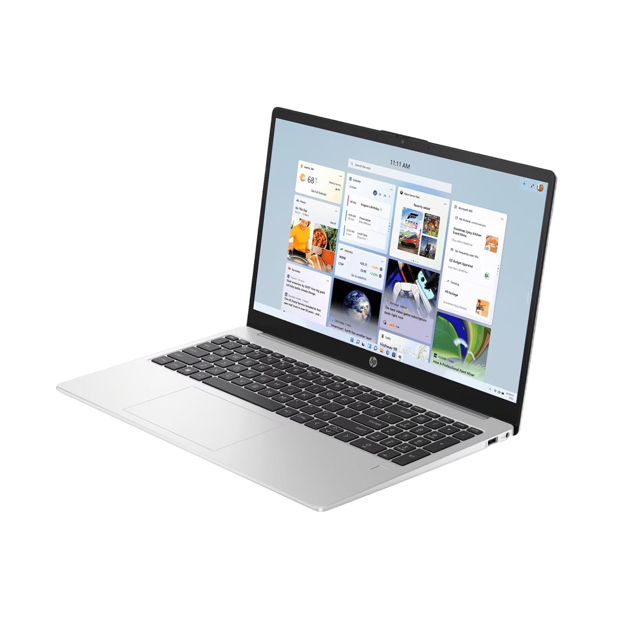 Silver HP Laptop with 15.6-inch display, slim lightweight design suitable for business and everyday productivity.
