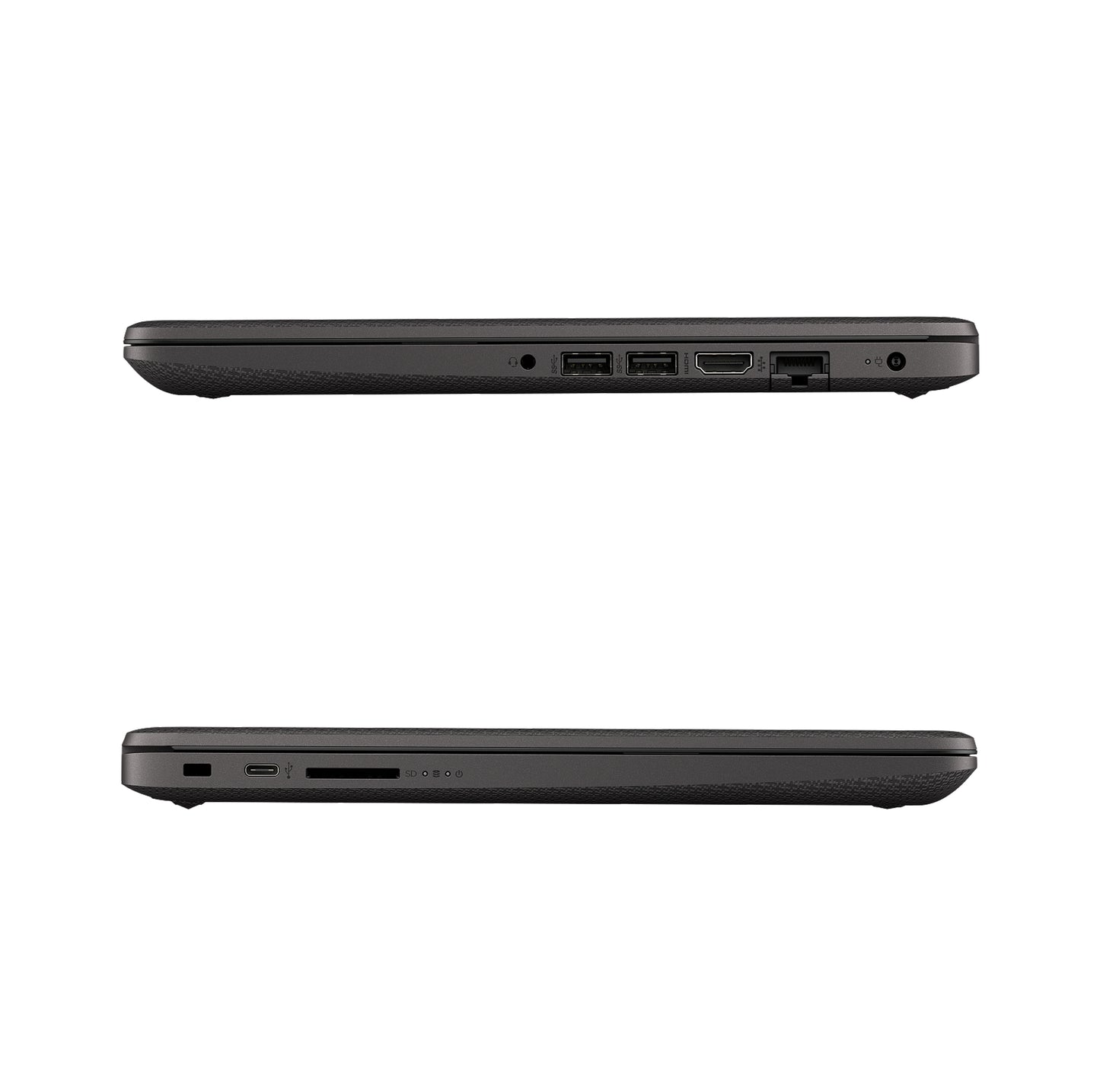 Side view of HP Laptop showing USB ports, HDMI, Ethernet, headphone jack, and charging port for flexible connectivity options.