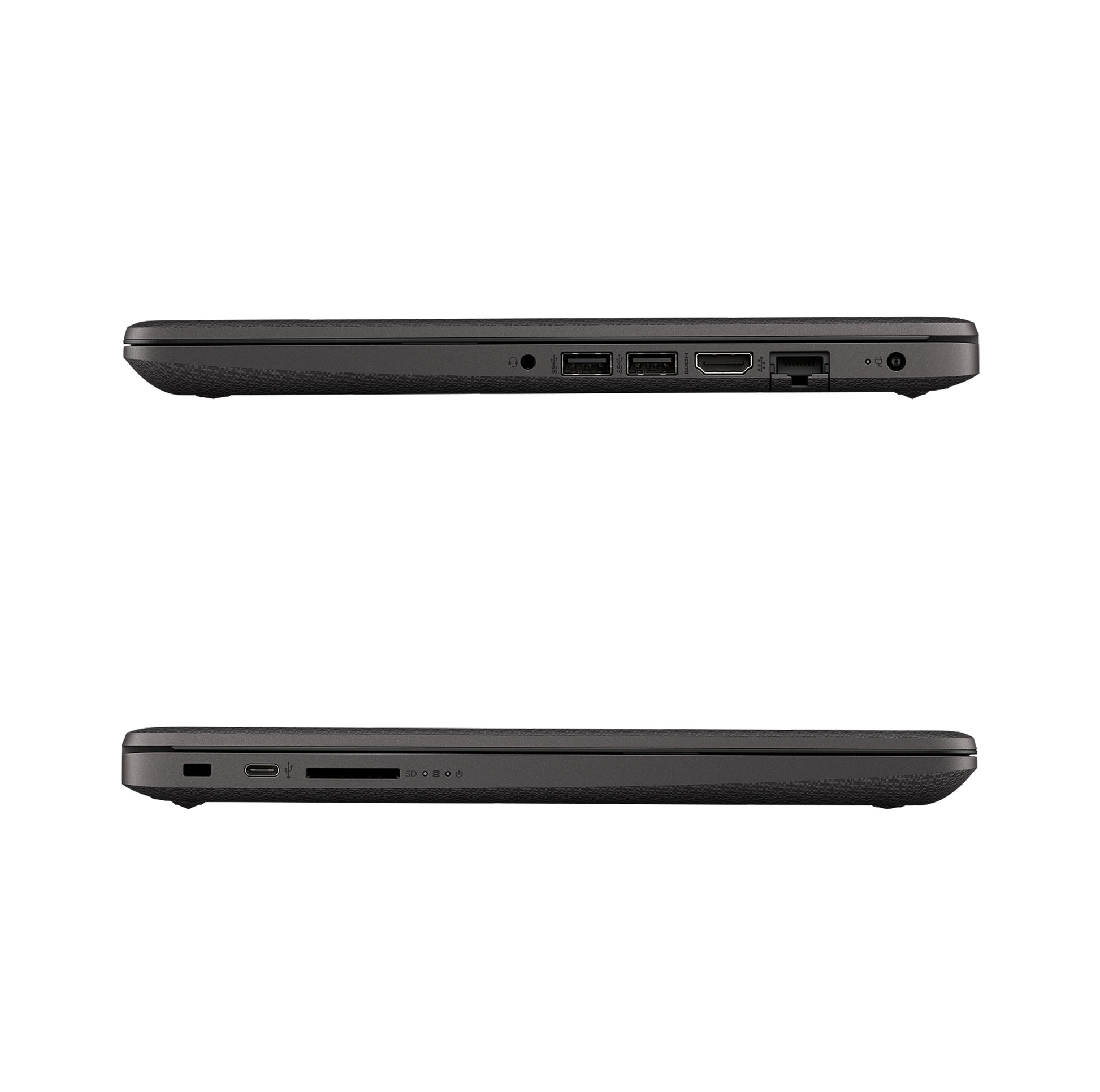 Side view of HP Laptop showing USB ports, HDMI, Ethernet, headphone jack, and charging port for flexible connectivity options.