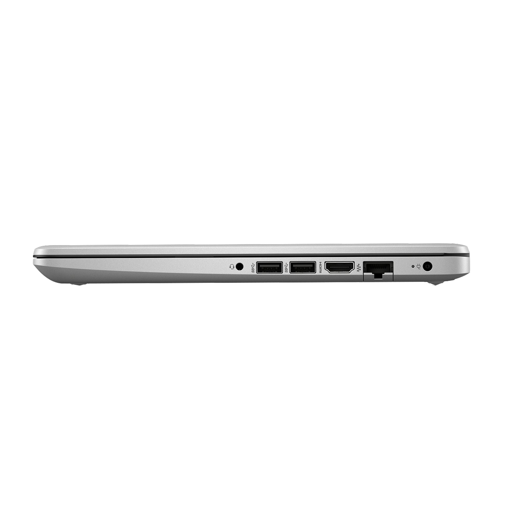 HP Laptop side view showing USB ports, HDMI, Ethernet, headphone jack, and charging port for versatile device connectivity.