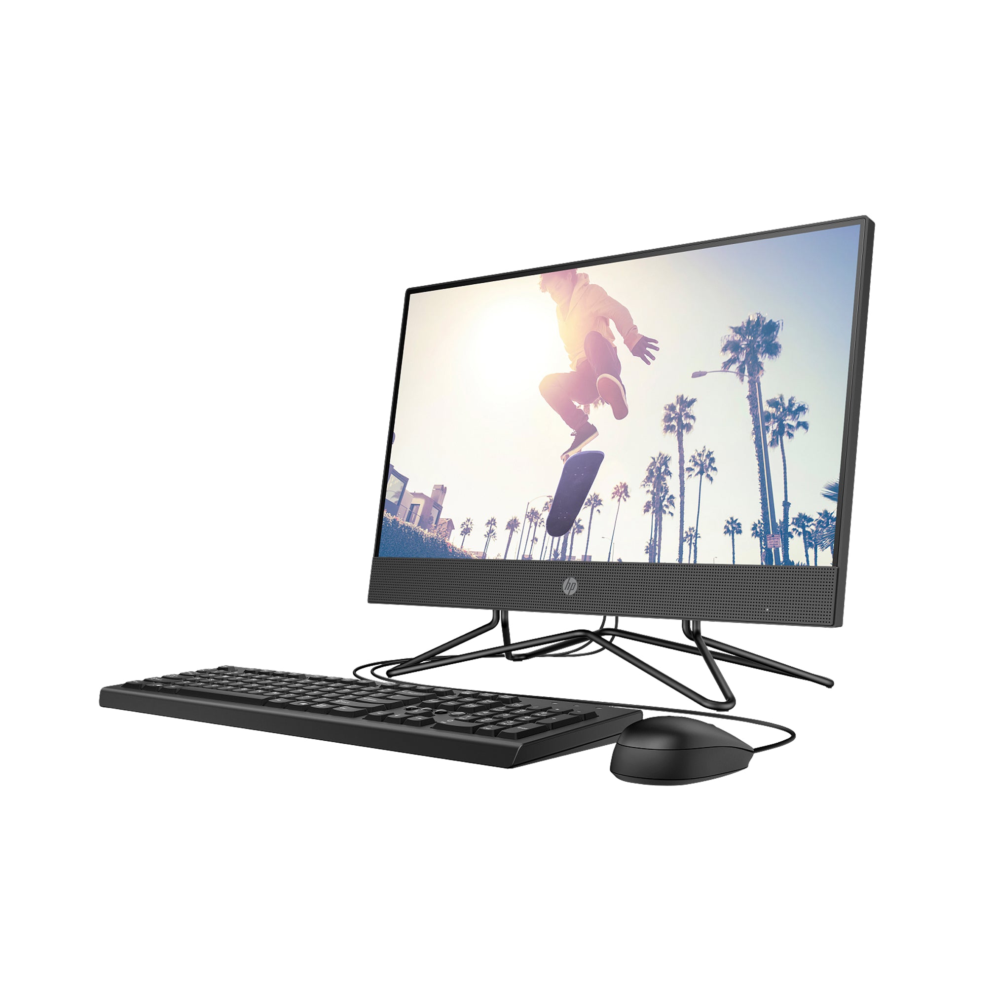HP 200 Pro G4 All-in-One PC with 21.5-inch display, keyboard, and mouse – compact, space-saving desktop for home or office use.