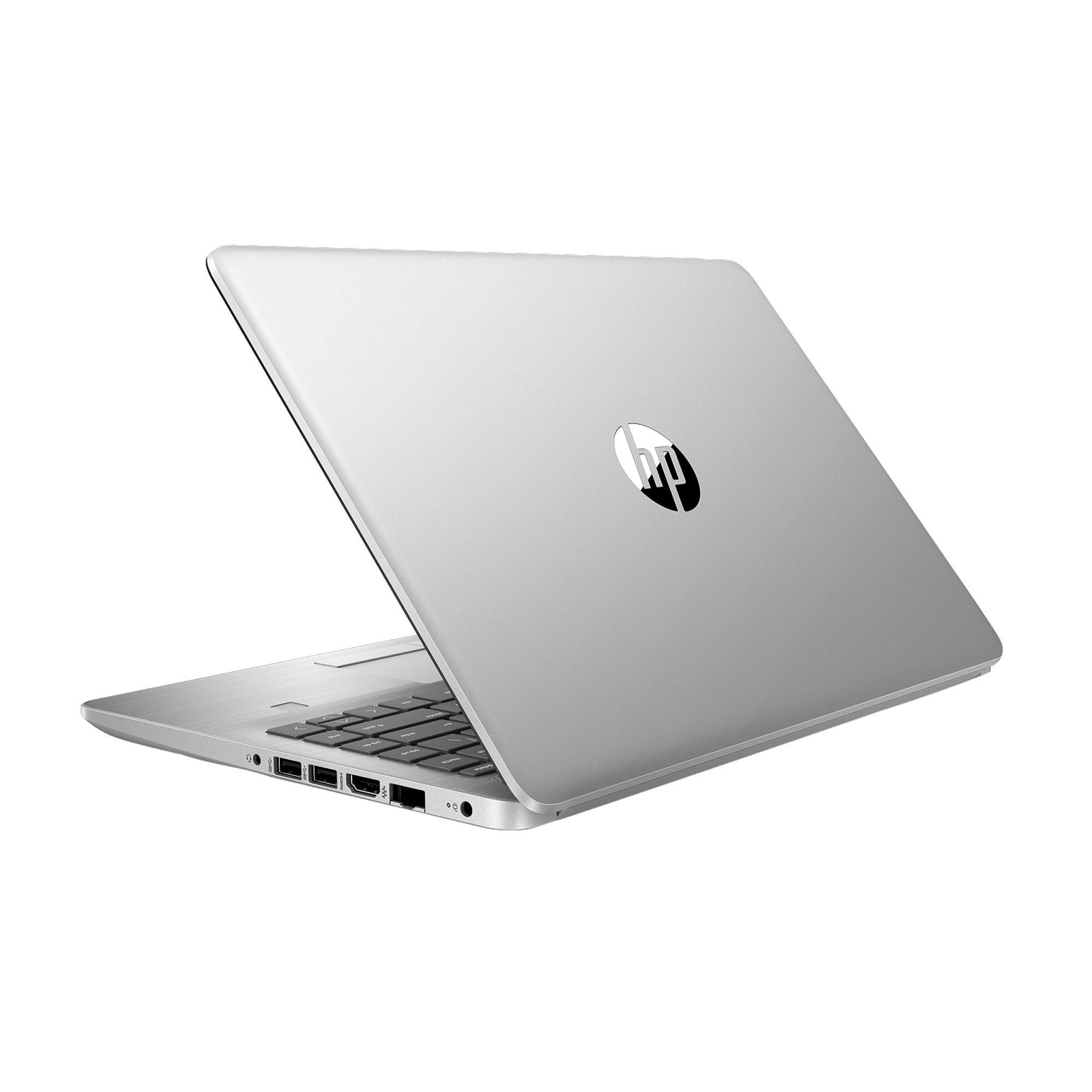 HP Silver Laptop with 14-inch display, slim lightweight design, fast memory and full-size keyboard for business and everyday use.