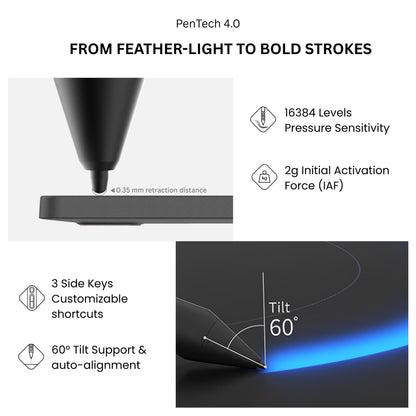 PenTech 4.0 digital pen with The 16384 levels of pressure sensitivity and 2g IAF to ensure a fluid and natural drawing experience, featuring 3 customizable side buttons for improved workflow and productivity.