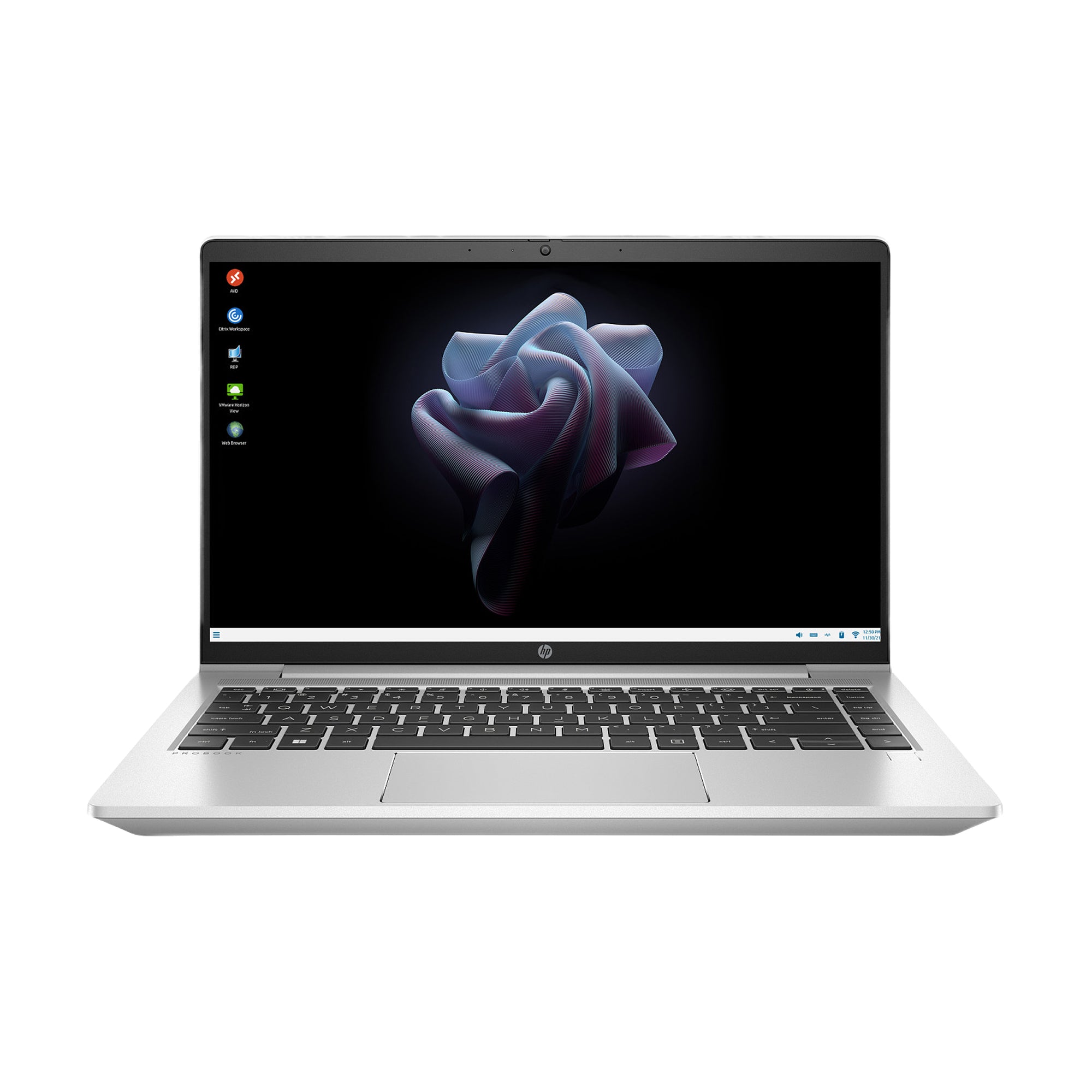 Silver lightweight laptop with a black screen displaying a flower graphic, secure thin client technology, Intel processor, and enterprise-grade performance