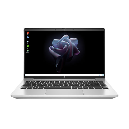Silver lightweight laptop with a black screen displaying a flower graphic, secure thin client technology, Intel processor, and enterprise-grade performance