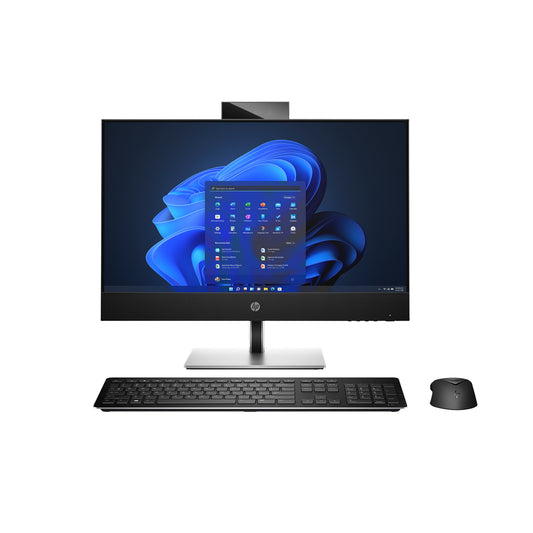 Sleek all in one HP business desktop computer with Intel processor, slim design, and built-in webcam for office productivity.