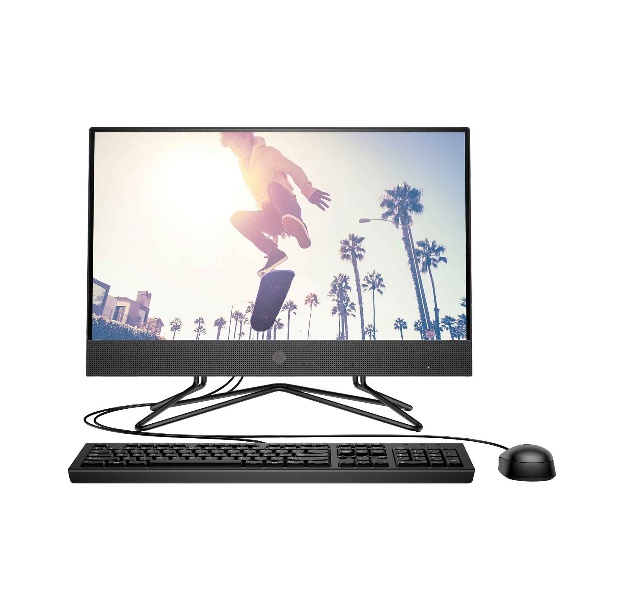 HP 200 Pro G4 All-in-One PC with 21.5-inch display, keyboard, and mouse – compact, space-saving desktop for home or office use.