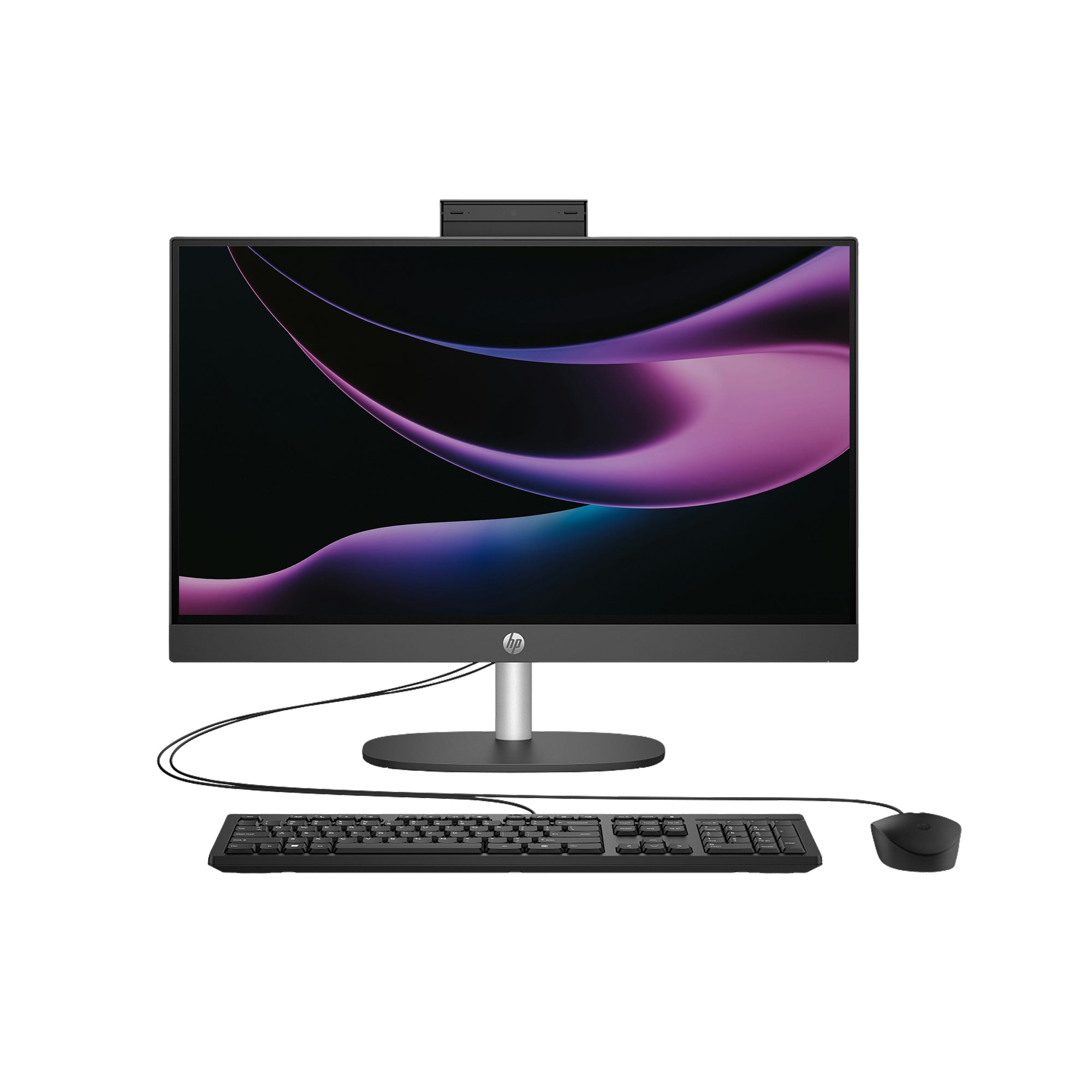 HP All-in-one Desktop PC with keyboard and mouse and 23.8-inch FHD display, Intel processor, and modern design for business and home use.
