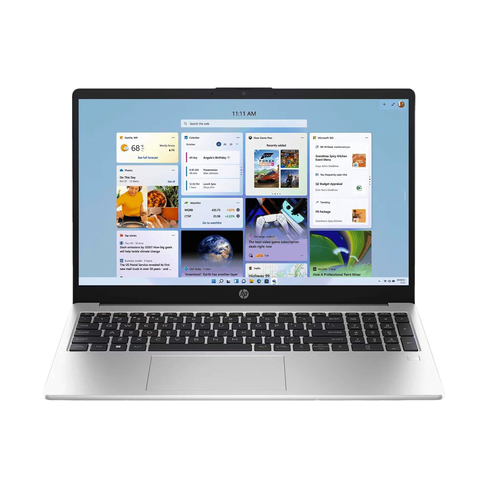 Silver HP Laptop with 15.6-inch display, slim lightweight design suitable for business and everyday productivity.