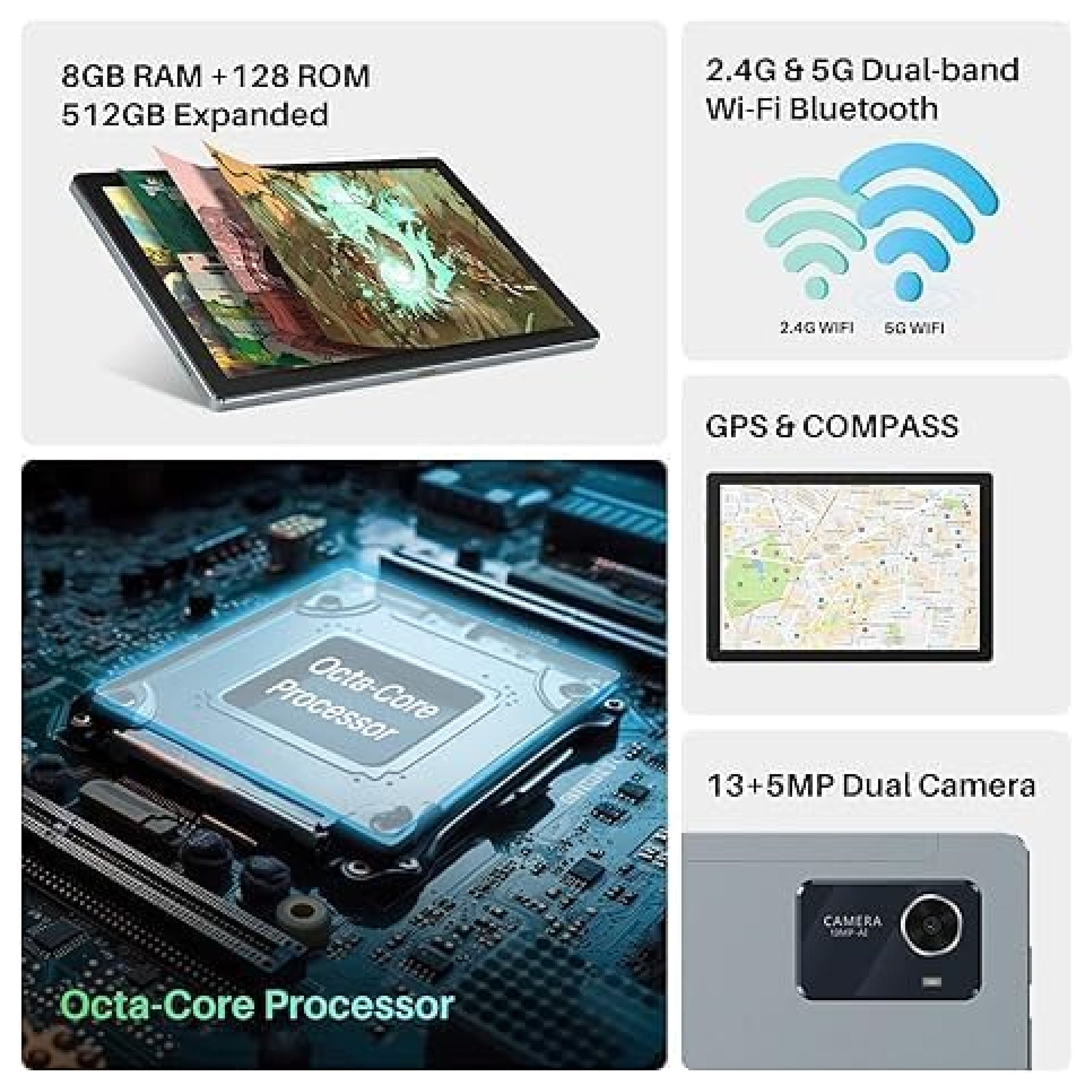 Android tablet with Octa core processor, 13+5MP Dual Camera
